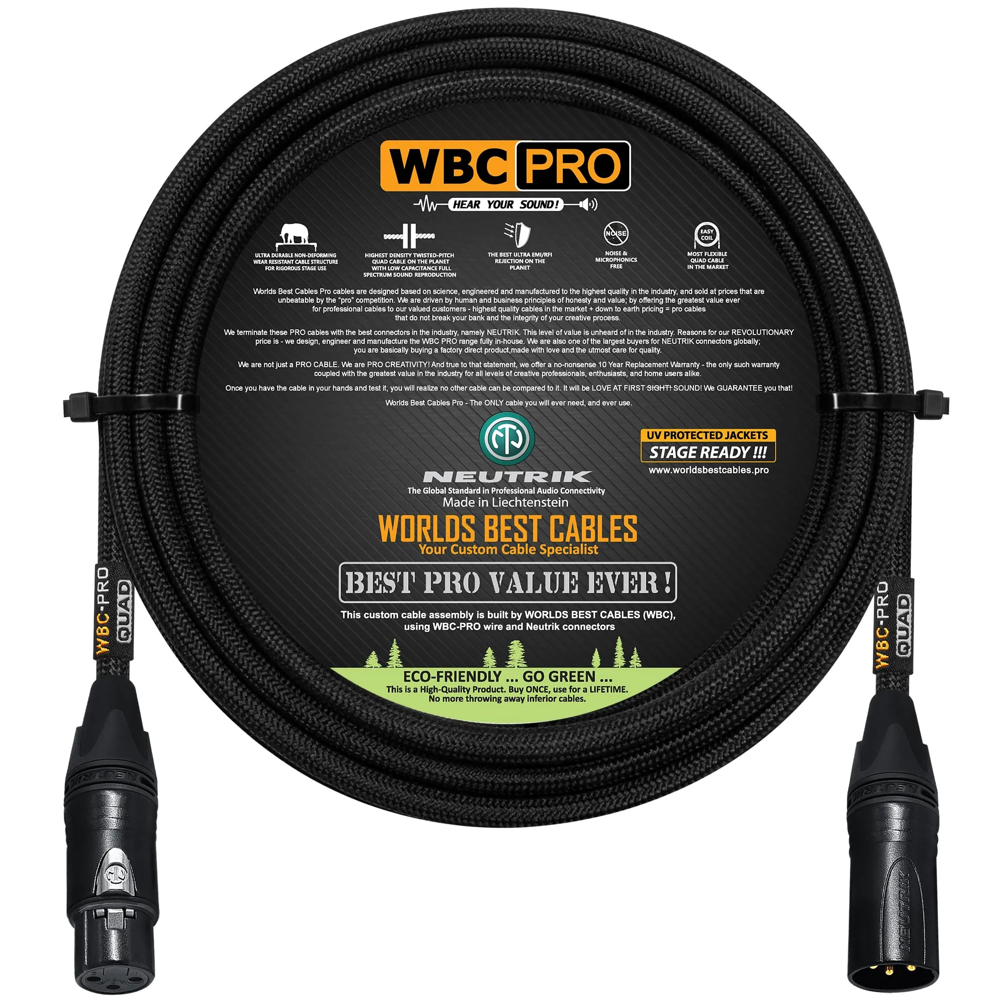 10 Foot WBC-PRO-Quad Ultra-Silent Flexible Star-Quad Cable with Neutrik XLR Plugs Black Jacket