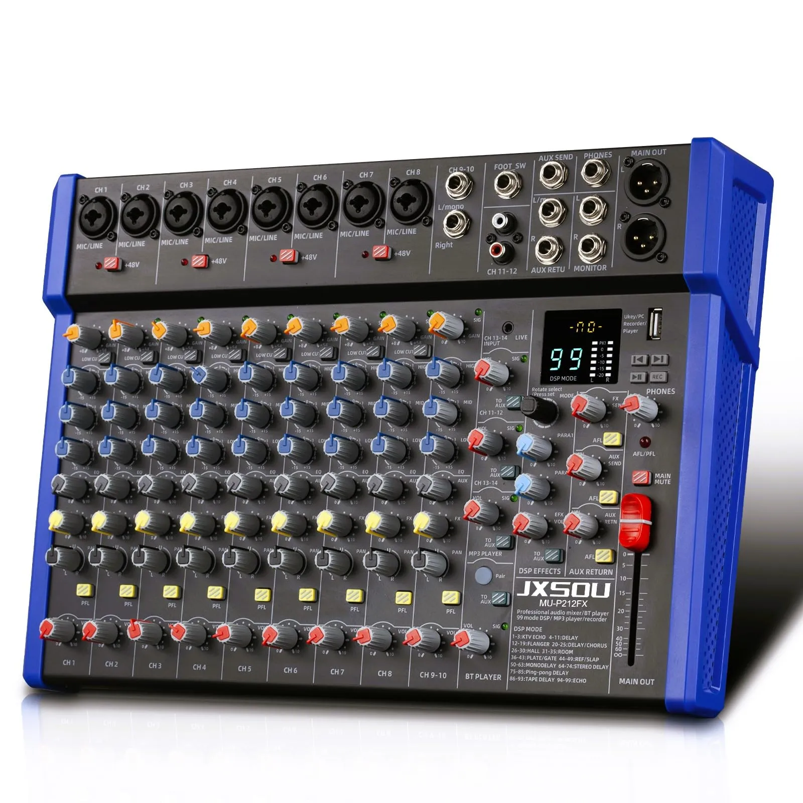 14-Channel Professional DJ Mixer with Bluetooth, DSP Effects, USB Interface & 48V Phantom Power