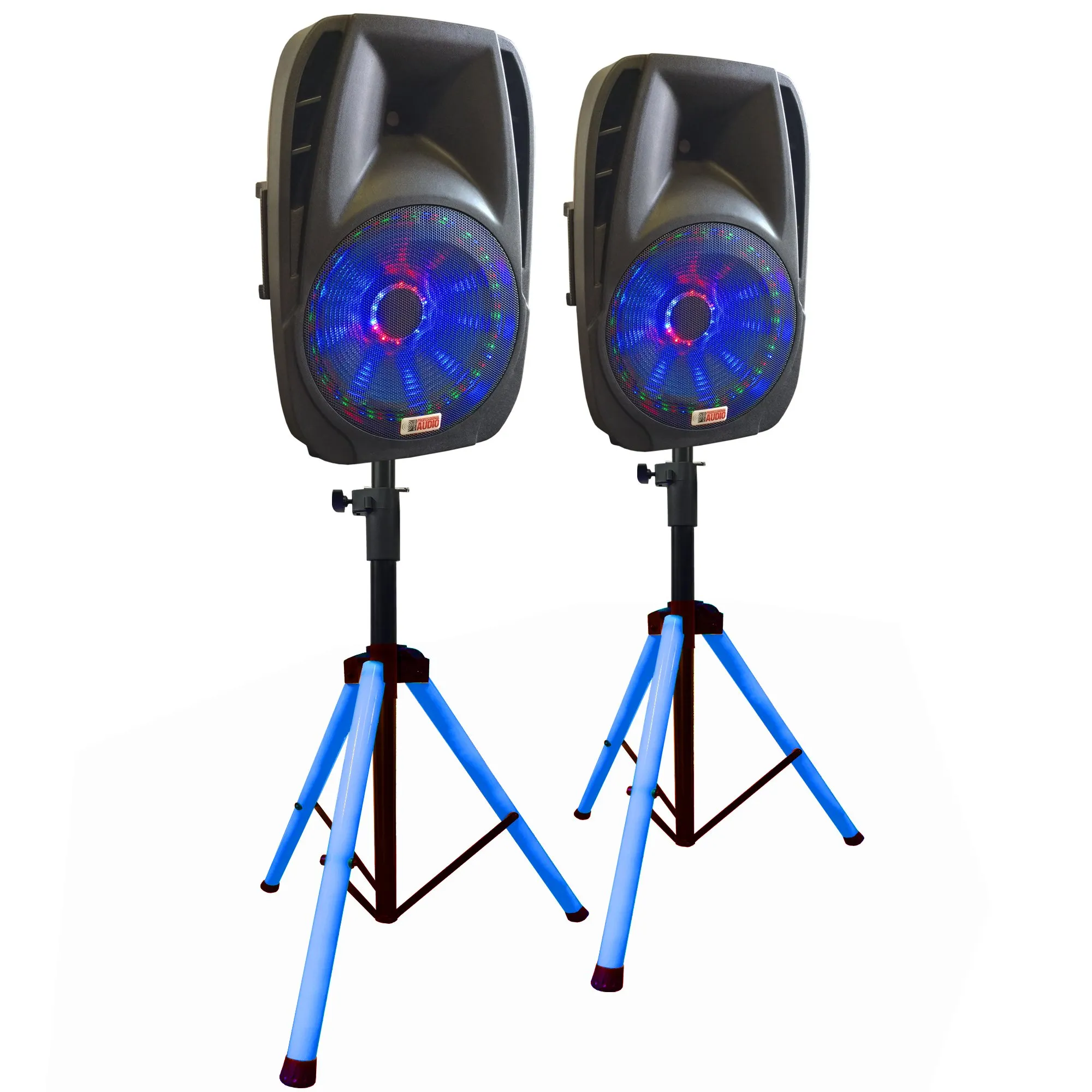 15 Inch Lighted DJ Speakers with Stands, Adkins Professional Audio ELA15P-LED, Bluetooth, 800W