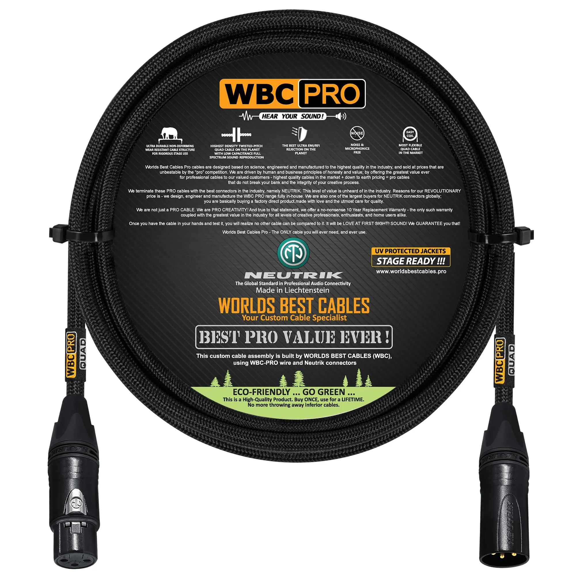 5 Foot WBC-PRO-Quad Ultra-Silent Flexible Star-Quad Cable with Neutrik XLR Plugs, Black Tweed