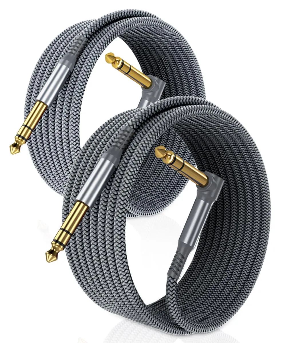 6.35mm TRS Instrument Cable 10FT 2-Pack Right Angle Connector Durable Nylon Shielding