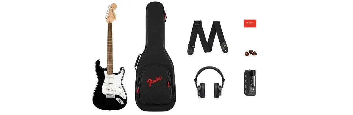 Affinity Series Stratocaster Mustang Micro Pack - Black, Laurel Fingerboard, Gig Bag Included