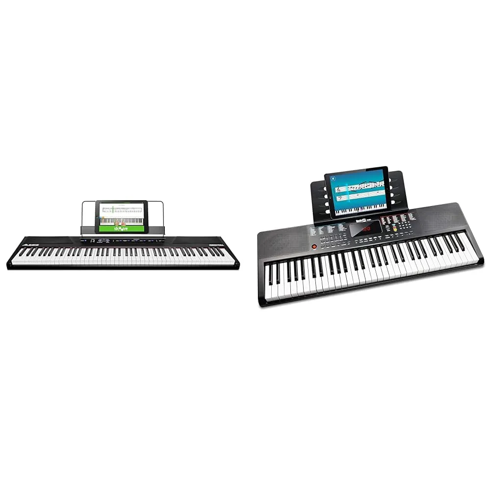 Alesis Recital 88-Key Digital Piano & RockJam 61-Key Keyboard with Lessons, Power Supply, Stickers