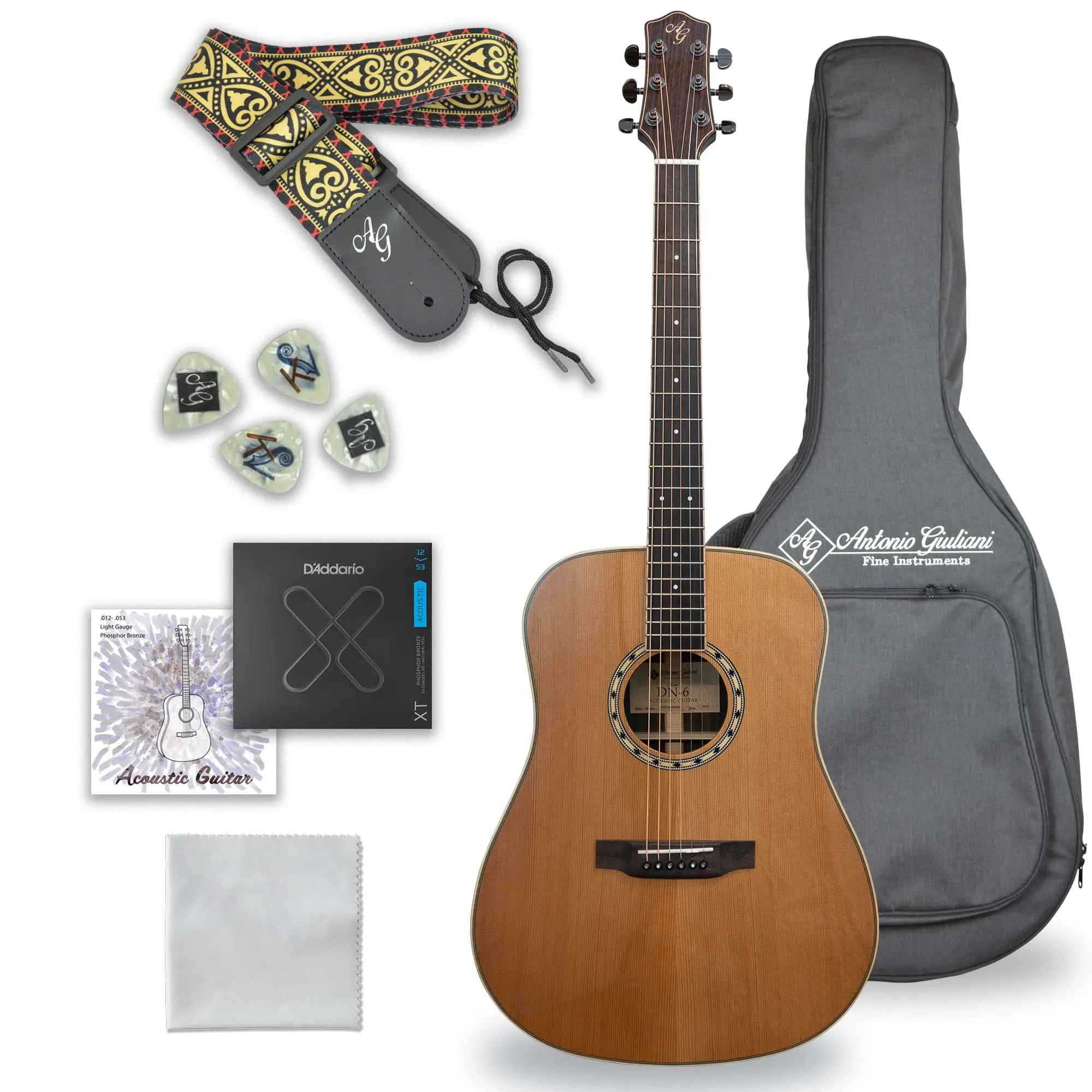 Antonio Giuliani DN-6 Dreadnought Acoustic Guitar Bundle with Rosewood Back, Case, Strap & Picks