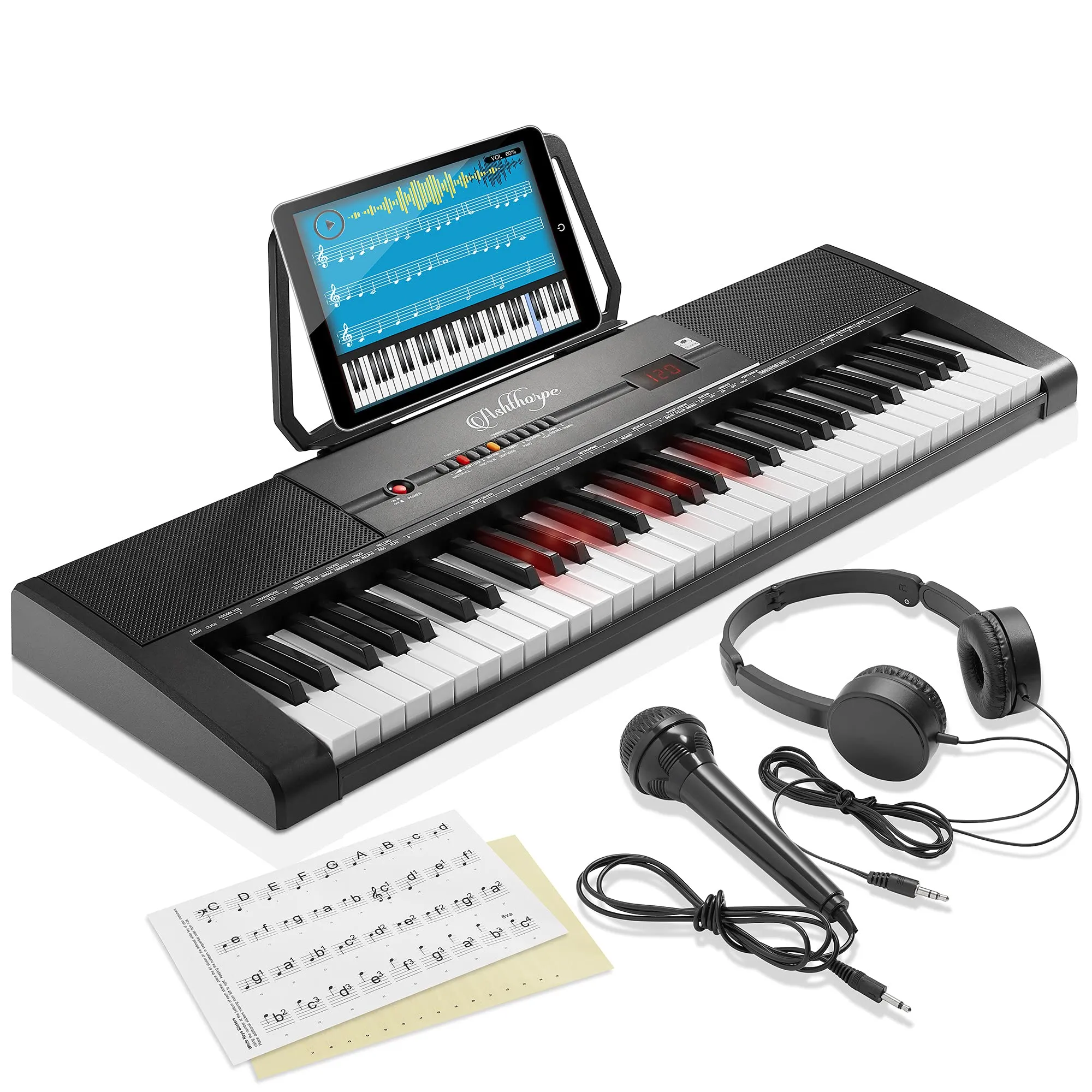 Ashthorpe 61-Key Digital Electronic Keyboard Piano with Light Up Keys, Headphones & Microphone