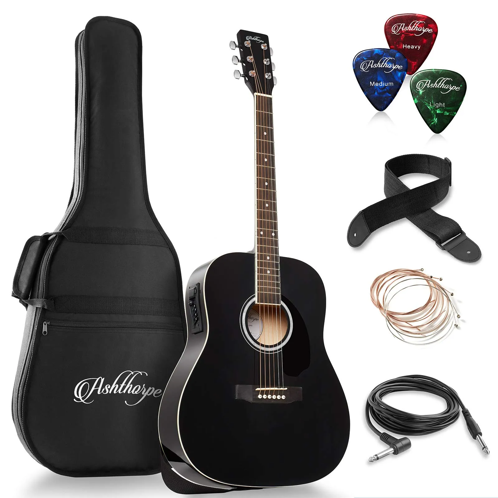 Ashthorpe Full-Size Dreadnought Acoustic-Electric Guitar Bundle - Premium Tonewoods, Black