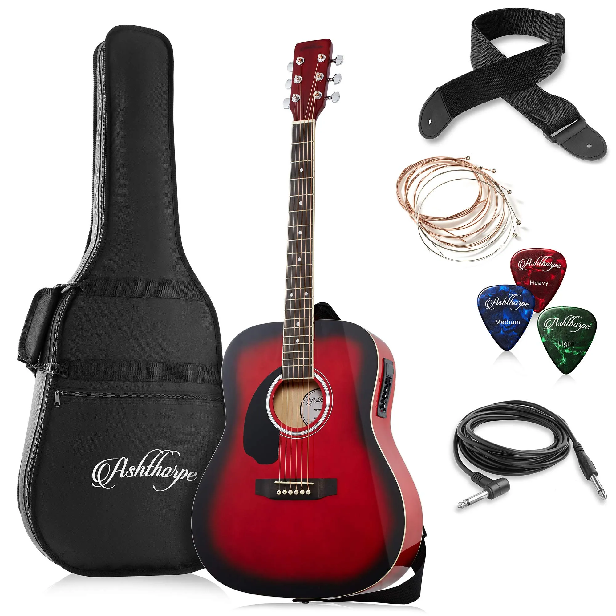 Ashthorpe Left-Handed Dreadnought Acoustic-Electric Guitar Bundle - Premium Tonewoods, Red