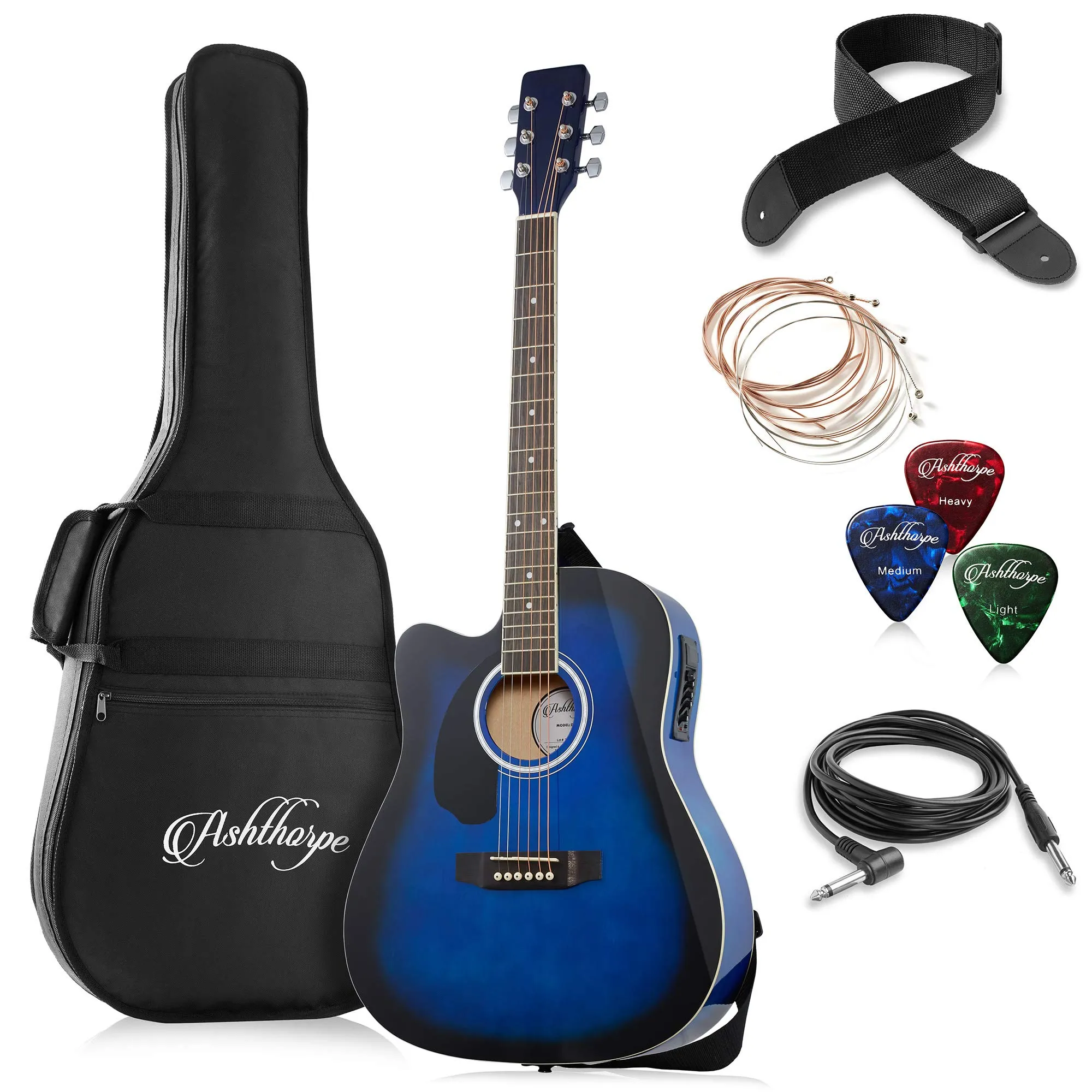 Ashthorpe Left-Handed Dreadnought Cutaway Acoustic-Electric Guitar Bundle - Blue, Premium Tonewoods