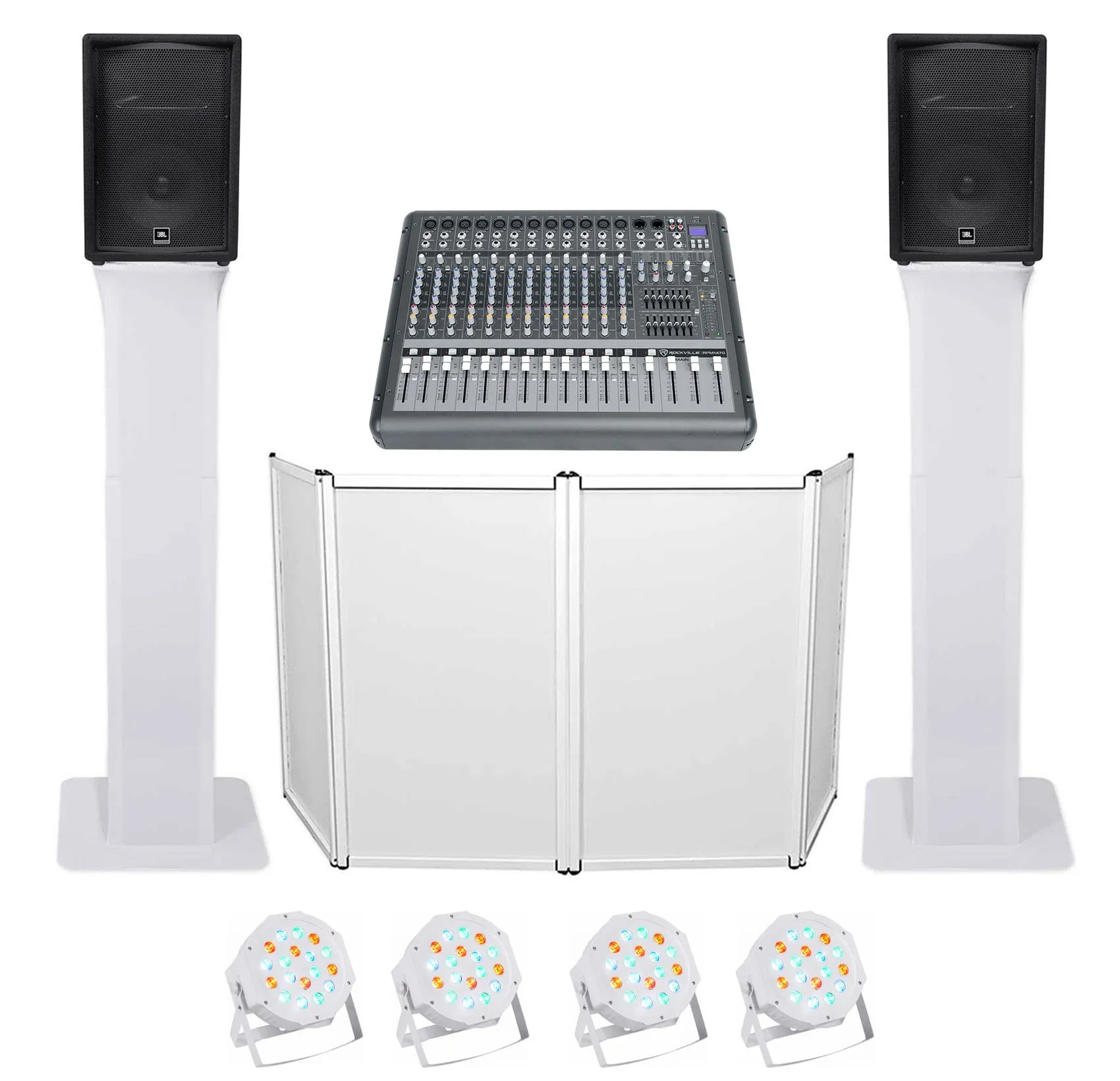 Audiosavings 10-Piece DJ Bundle with JBL JRX212 Speakers, Rockville Mixer, Lights, and Facade