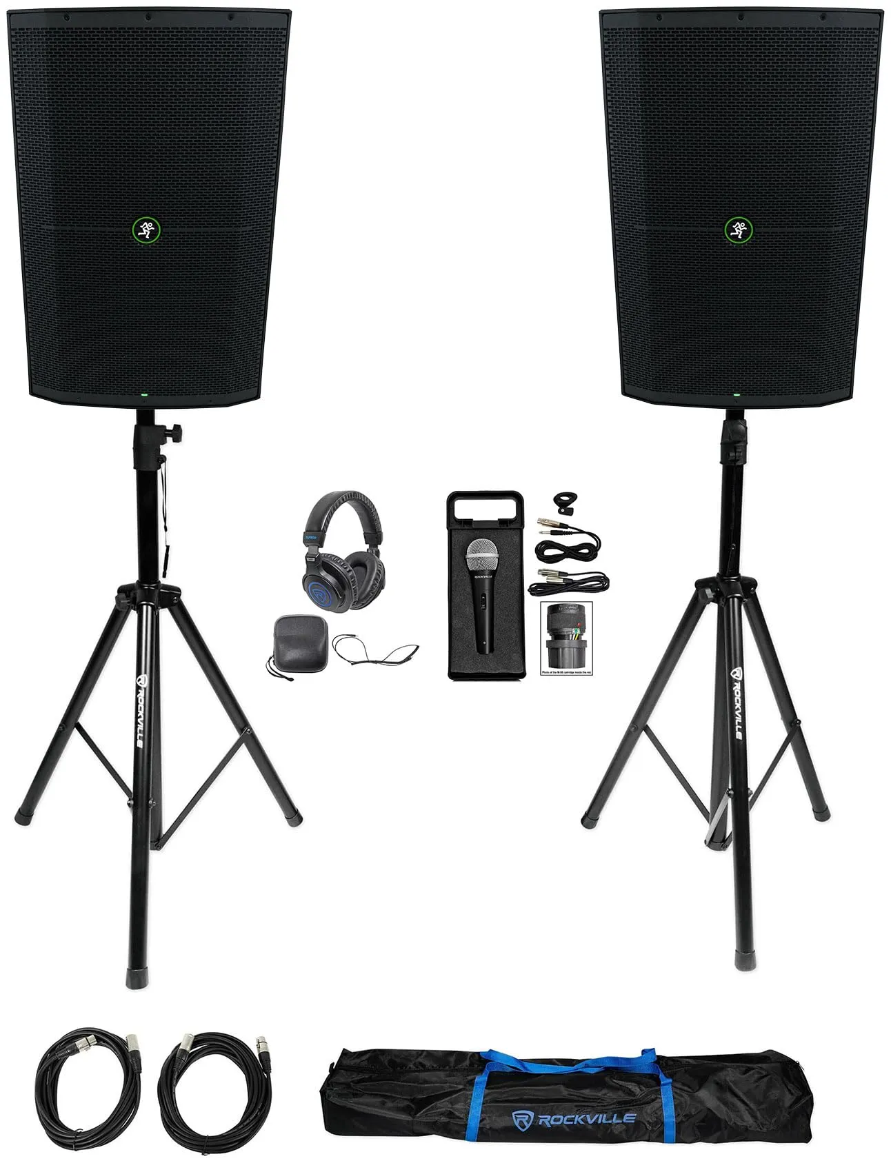 Audiosavings Bundle: (2) Mackie Thump215XT 15' Speakers, Tripod Stands, DJ Headphone & Microphone Set