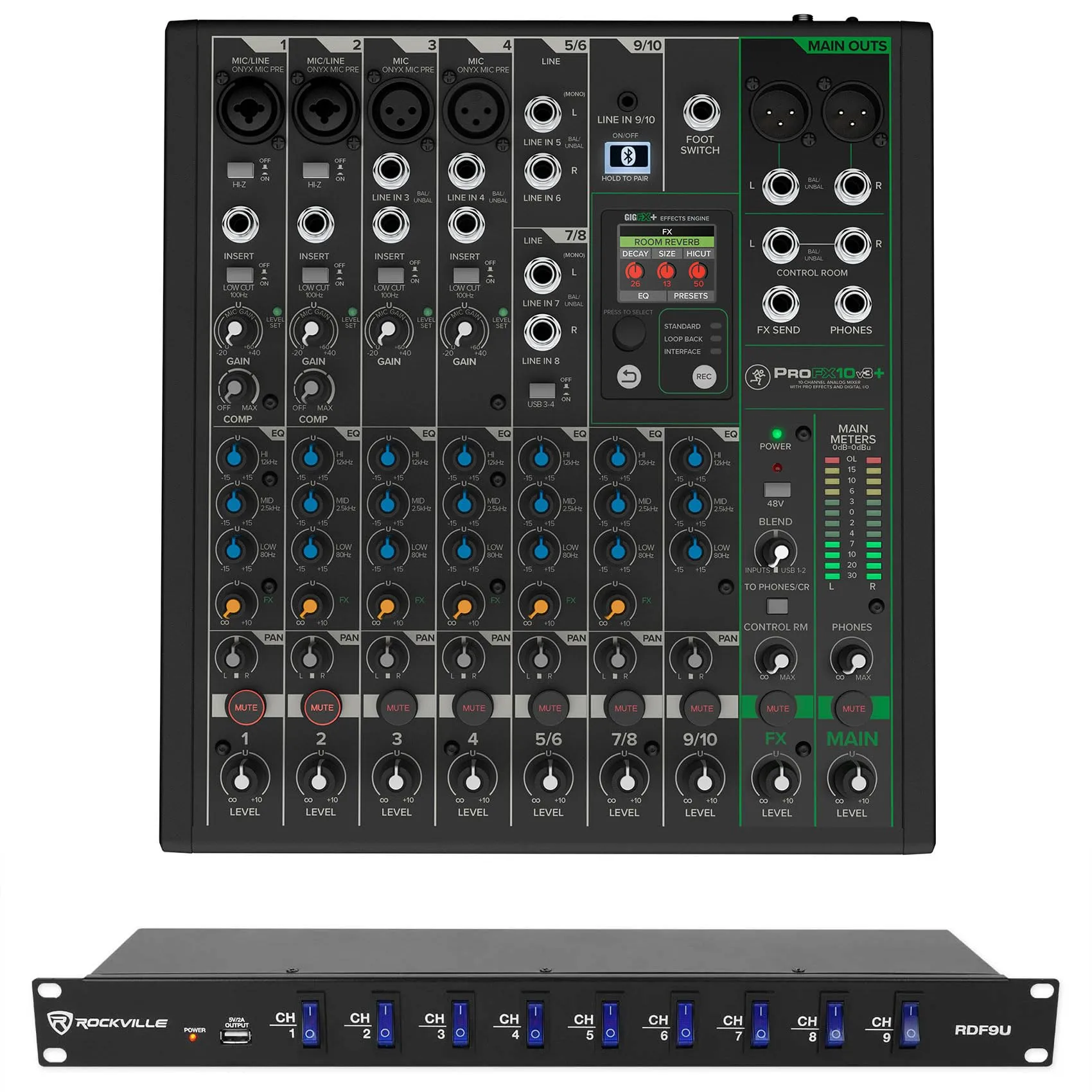 Audiosavings Bundle: Mackie ProFX10v3+ 10-Channel Mixer & Rockville RDF9U Rack Mount Power Supply