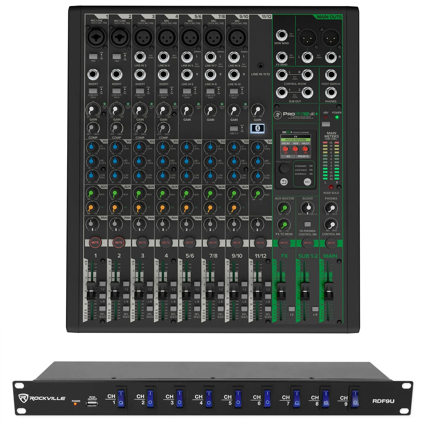 Audiosavings Bundle: Mackie ProFX12v3+ 12-Channel Mixer & Rockville RDF9U Power Supply with USB