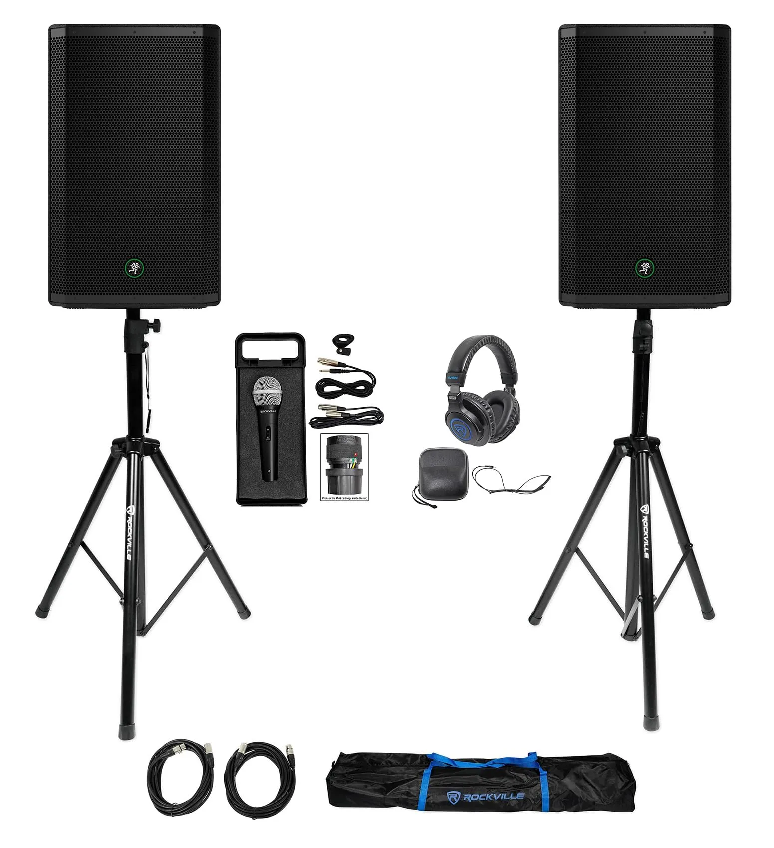 Audiosavings Bundle: Mackie Thrash215 15' PA Speakers, Rockville Stands, Microphone & DJ Headphones