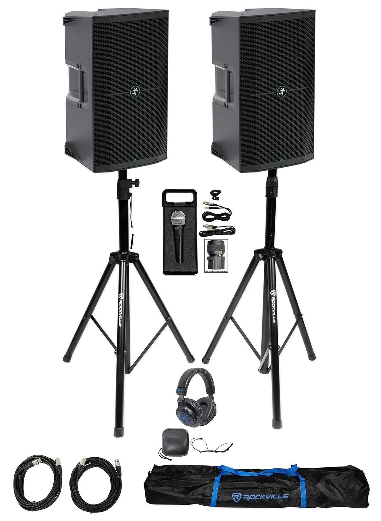 Audiosavings Bundle: Mackie Thump212 12' Active DJ Speakers, Rockville Stands, Headphones & Microphone