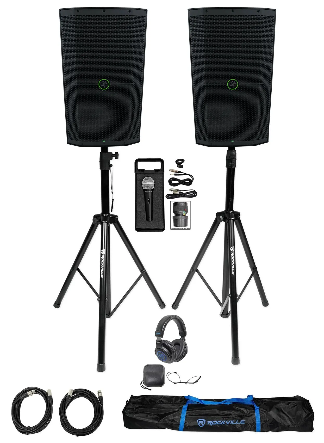 Audiosavings Bundle Mackie Thump212XT Speakers, Rockville Stands, DJ Headphones, Microphone