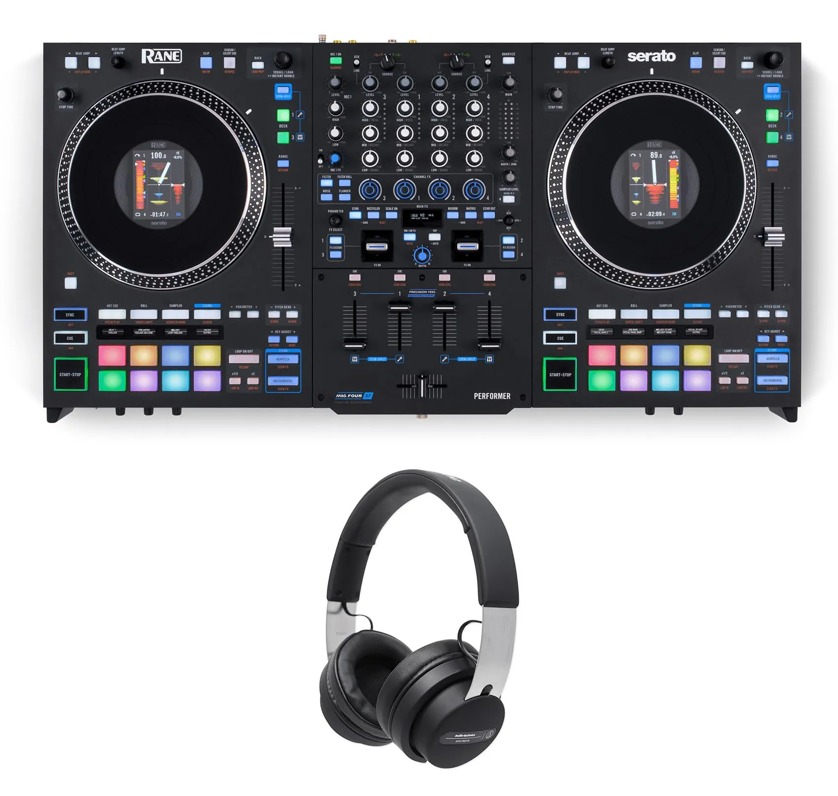 Audiosavings Bundle: Rane Performer 4-Channel Motorized DJ Controller & ATH-PRO7X Headphones Set