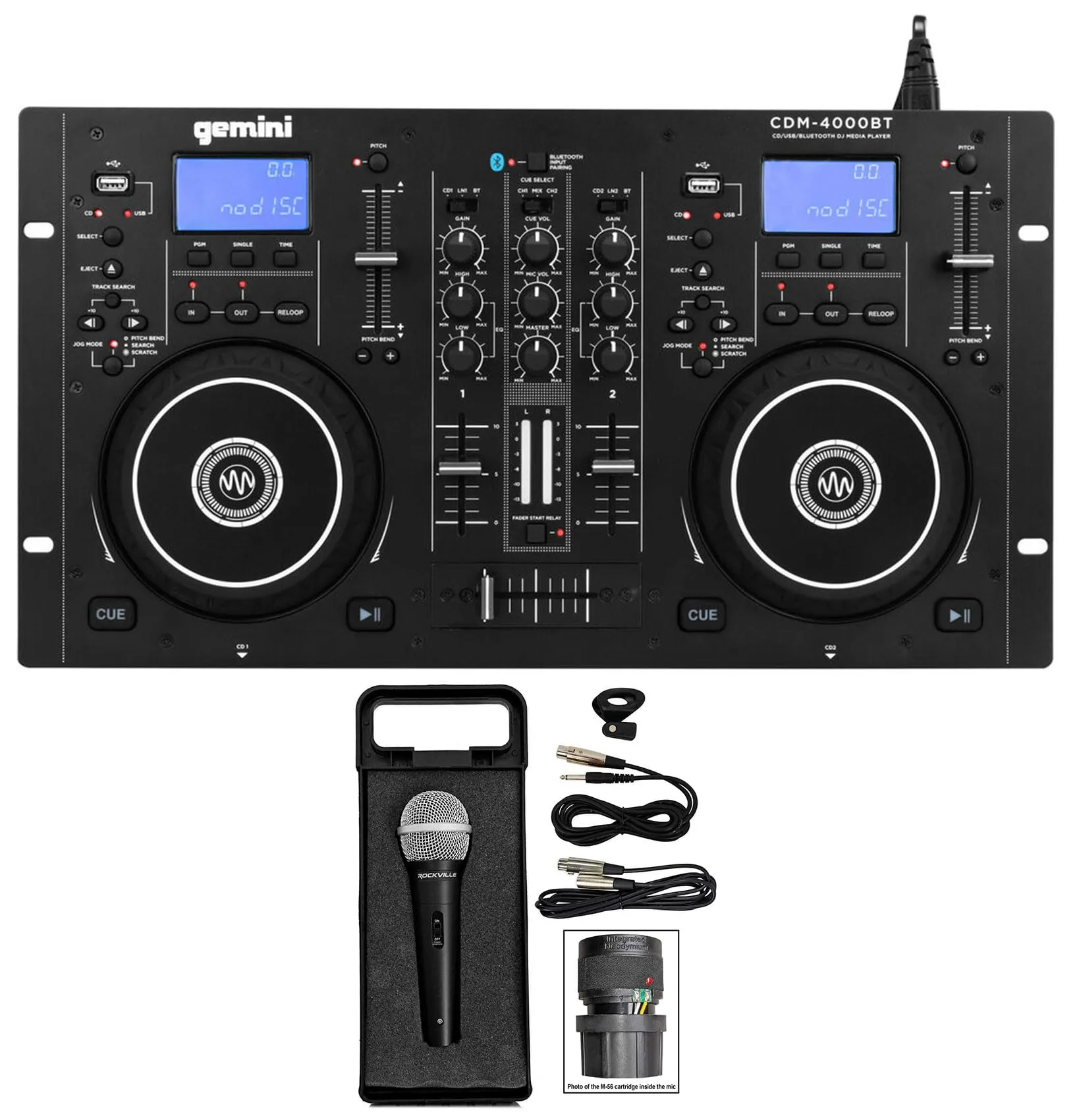 Audiosavings DJ Bundle with Gemini CDM-4000BT Dual Media Player, Bluetooth, and Rockville Microphone