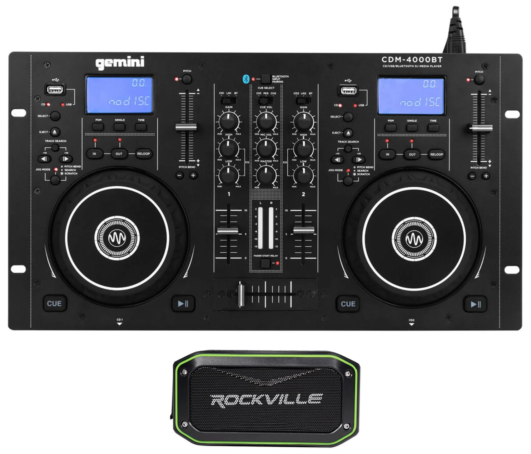 Audiosavings DJ Bundle with Gemini CDM-4000BT Media Player and Rockville Waterproof Bluetooth Speaker