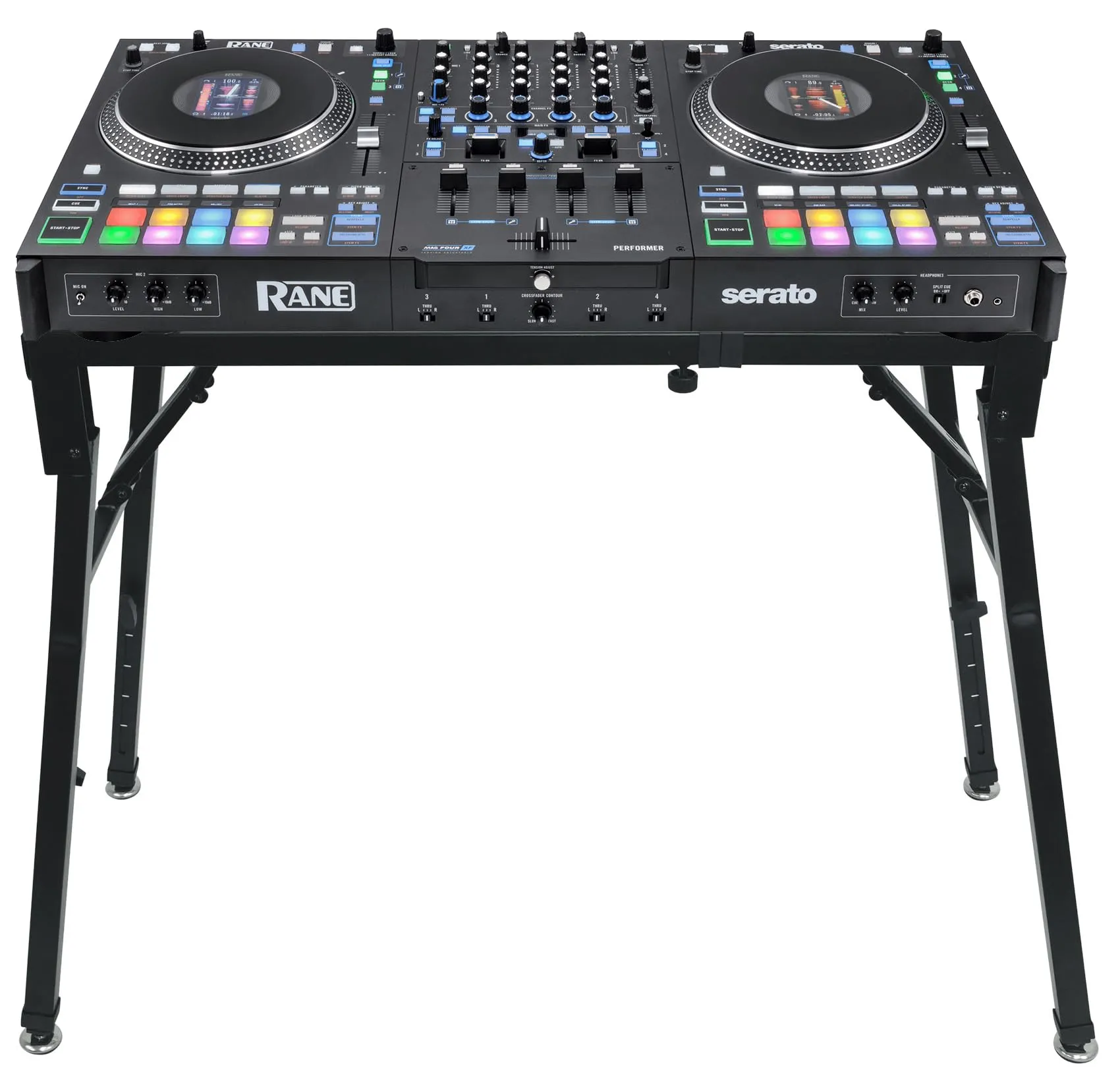 Audiosavings Performer 4-Channel Serato DJ Controller & Rockville PKS35 Adjustable DJ Stand Bundle