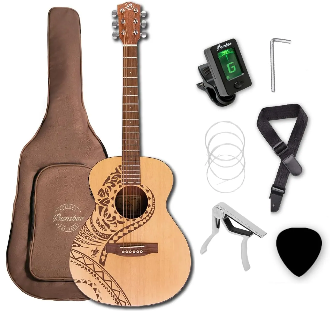 Bamboo Acoustic Electric Guitar 38' Bundle with Tuner, Capo, Strap - Beginner Friendly