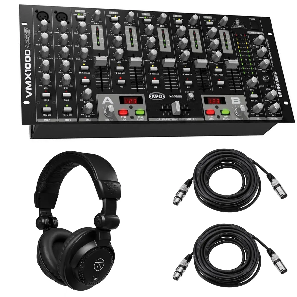 Behringer VMX1000USB Professional 7-Channel Rack-Mount DJ Mixer with Headphones & XLR Cables