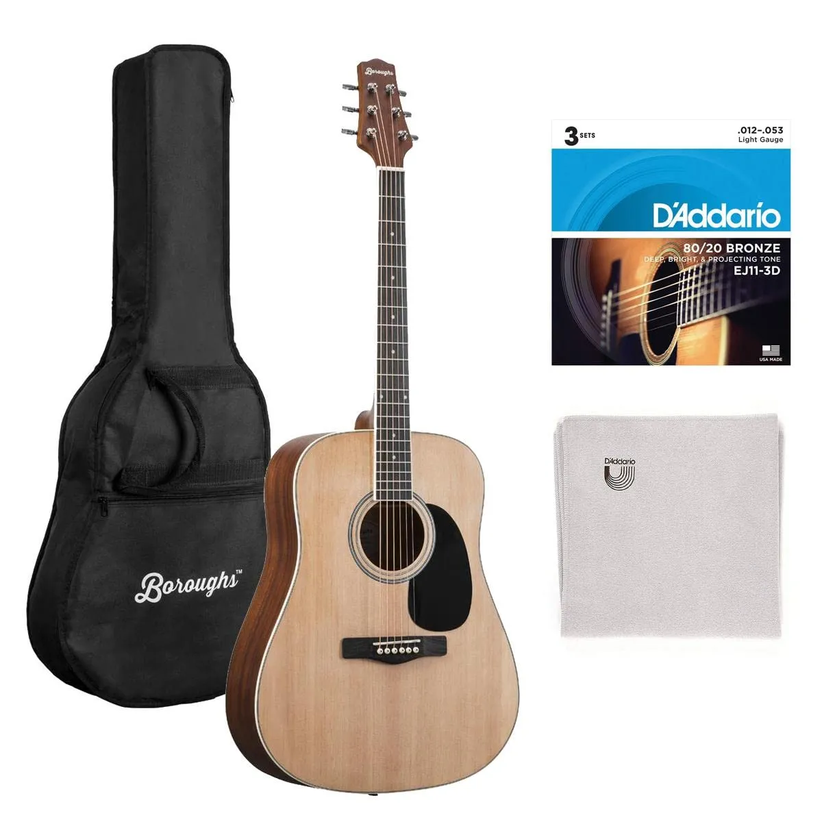 Boroughs B30DNT Dreadnought Acoustic Guitar Bundle, Natural Finish, Includes Strings & Gig Bag