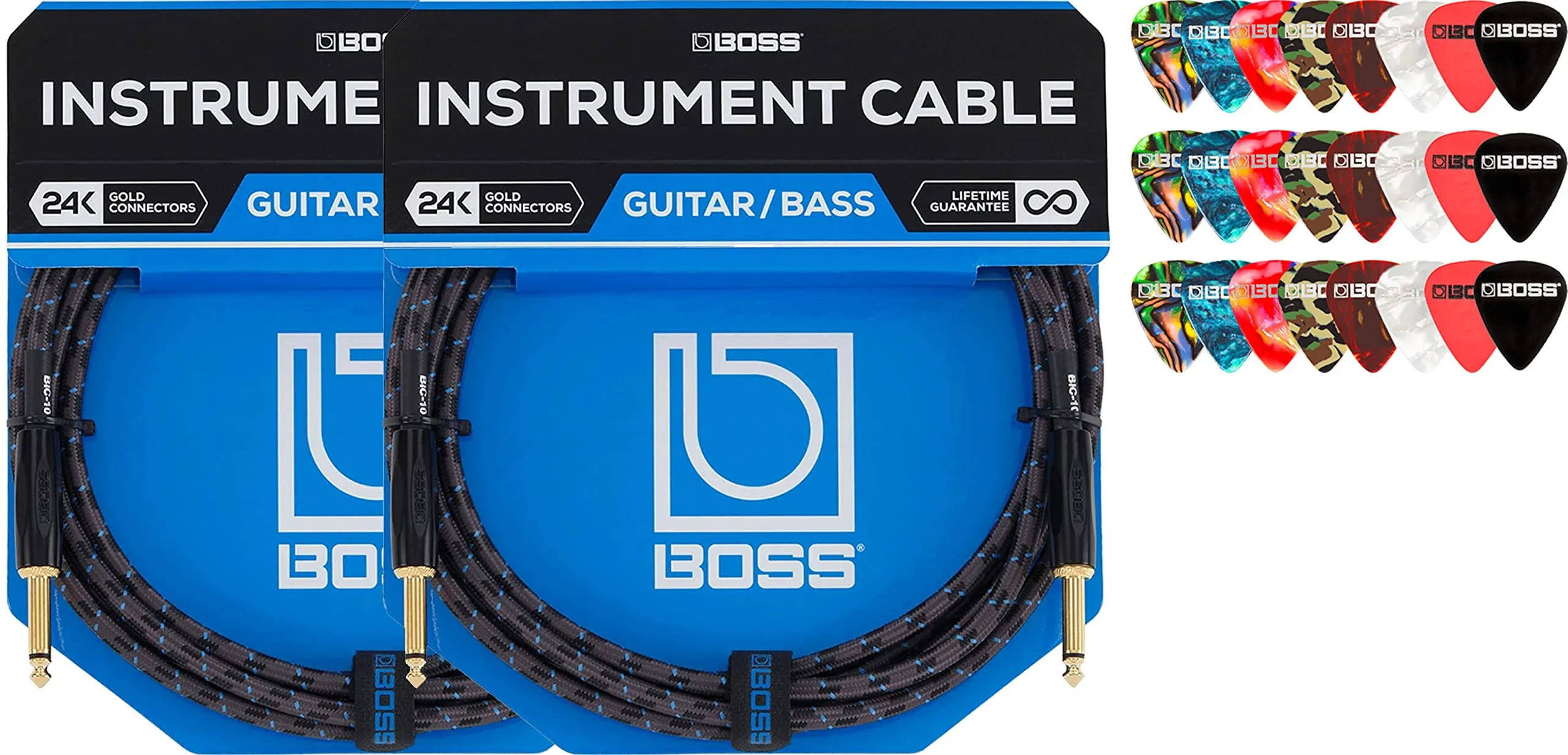 BOSS BIC-10 10-Foot Instrument Cable 2 Pack with Gold-Plated Connectors & Guitar Picks