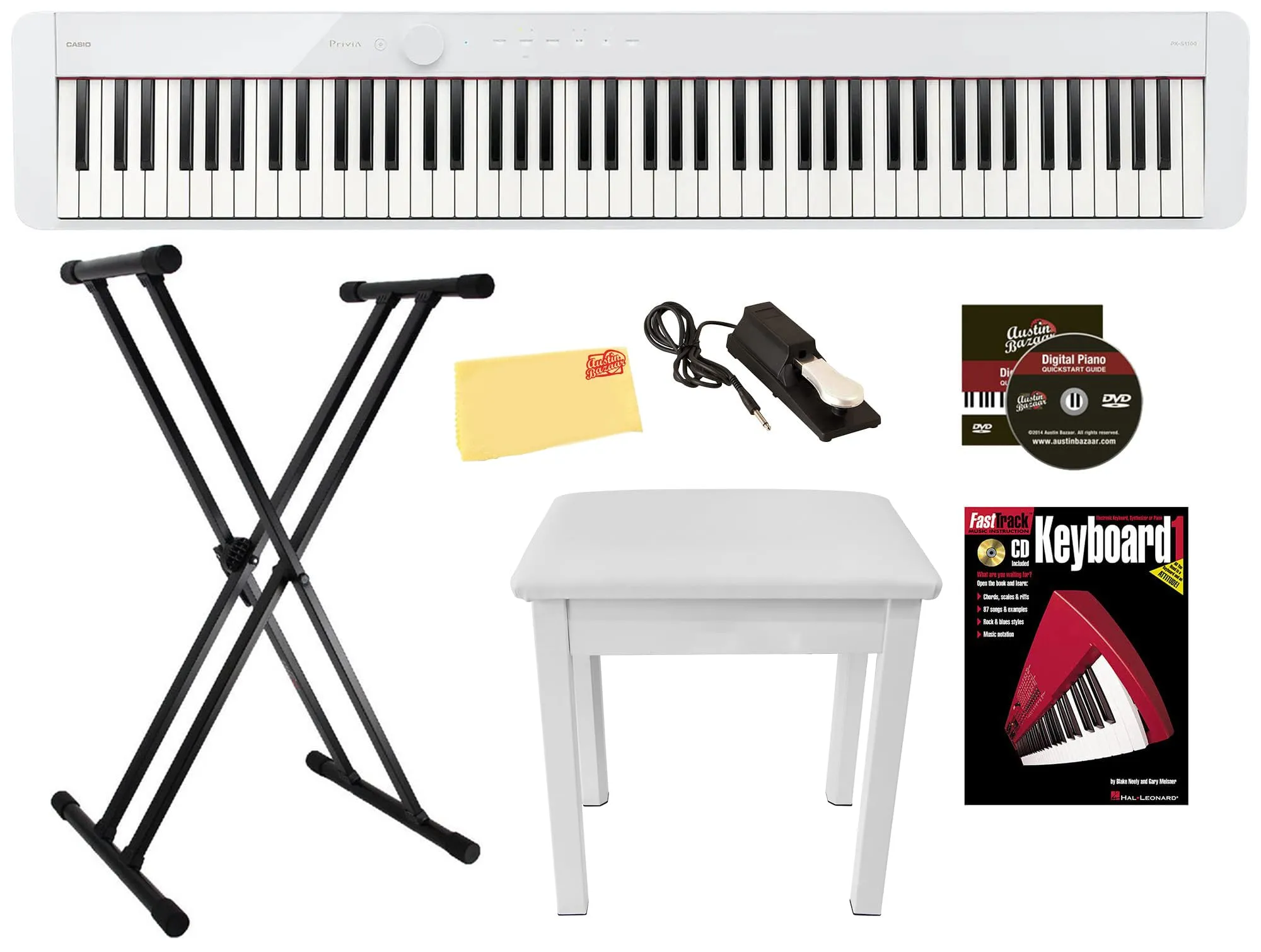 Casio Privia PX-S1100 Digital Piano Bundle - White with Adjustable Stand, Bench & Lessons