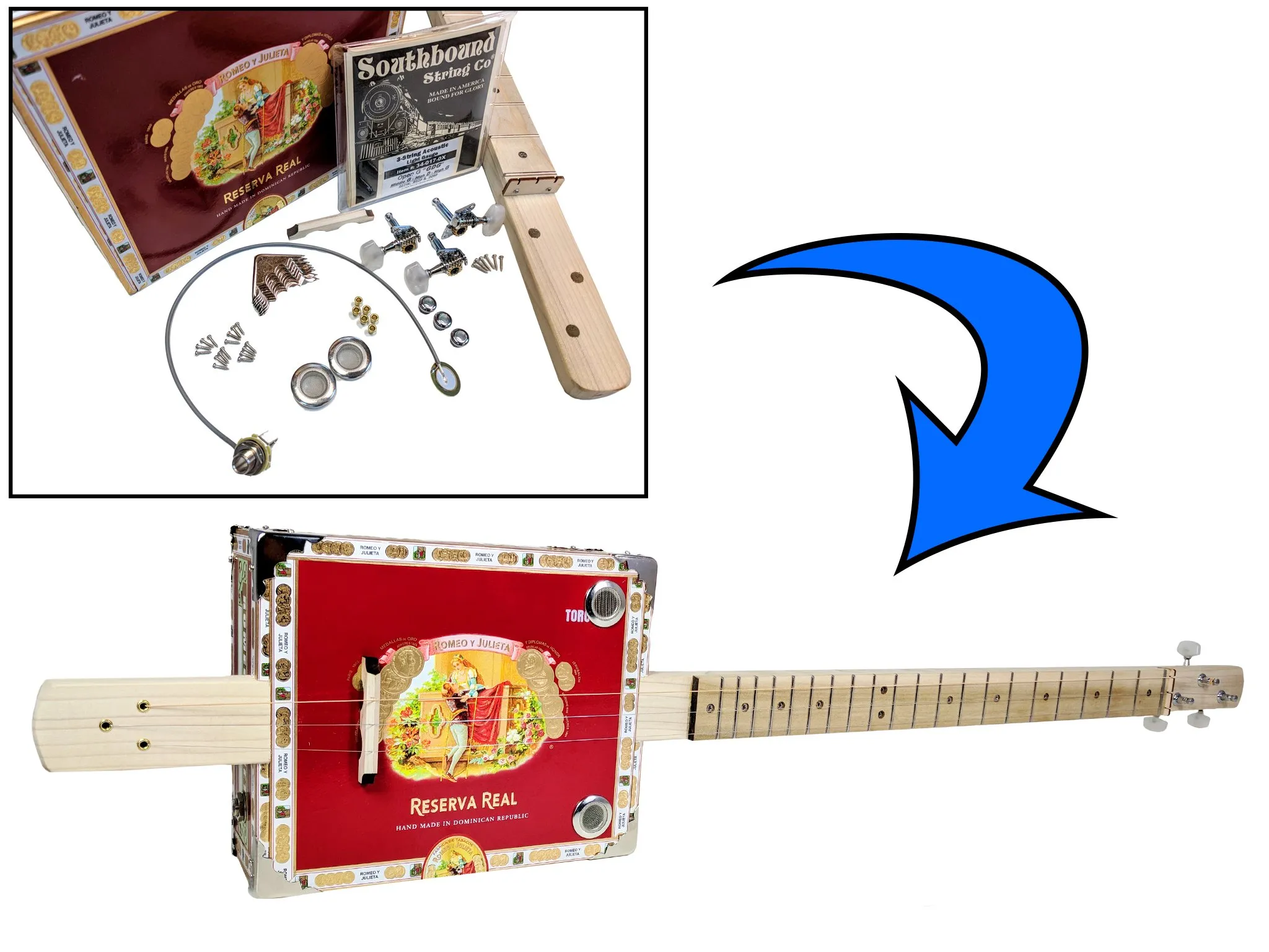 Complete DIY 3-String Fretted Cigar Box Guitar Kit with Neck and Acoustic Pickup