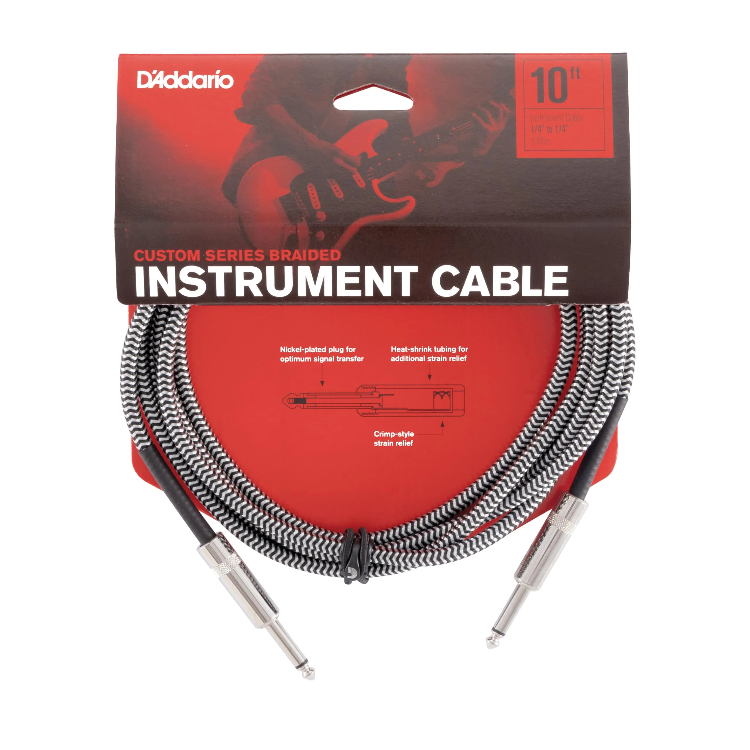 D'Addario 10ft Instrument Cable in Grey with Noise-Rejecting Shielding and Durable Nylon Braiding