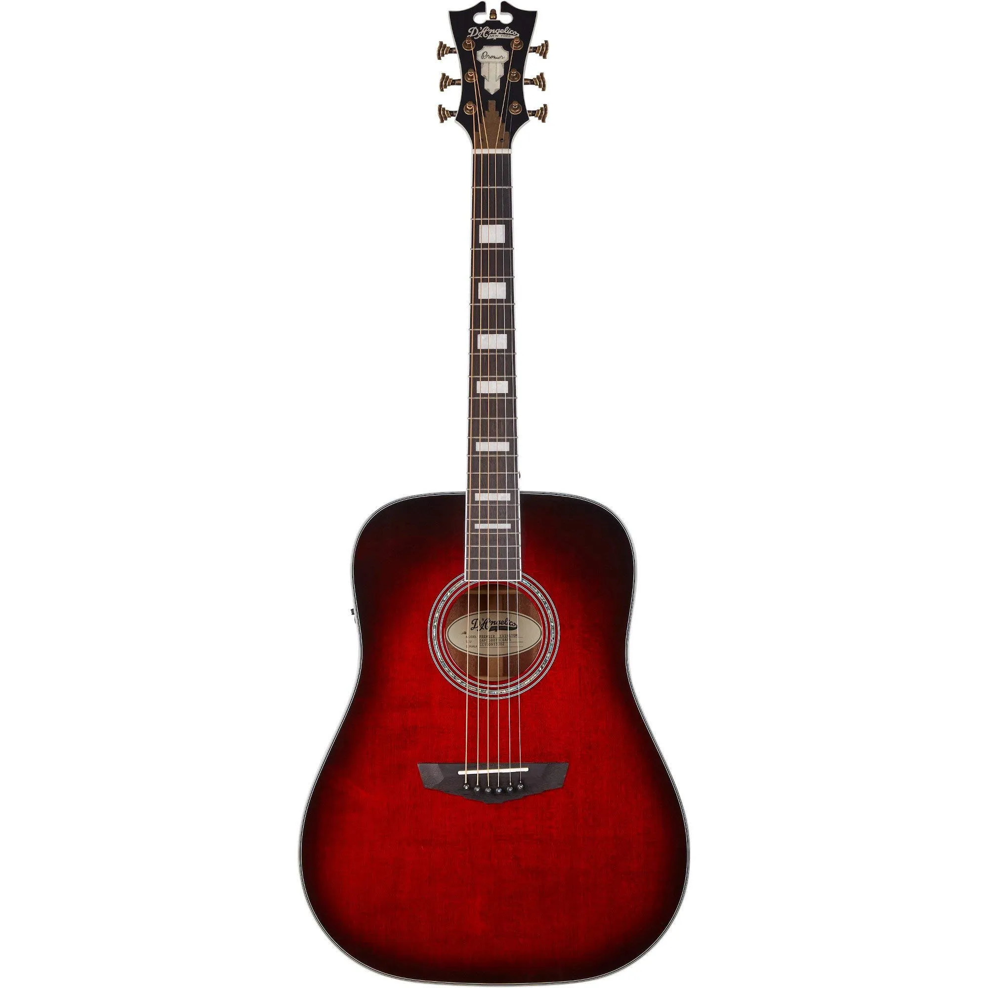 D'Angelico 6 String Acoustic-Electric Guitar, Trans Black Cherry Burst, Mahogany Body, Ovangkol Fingerboard