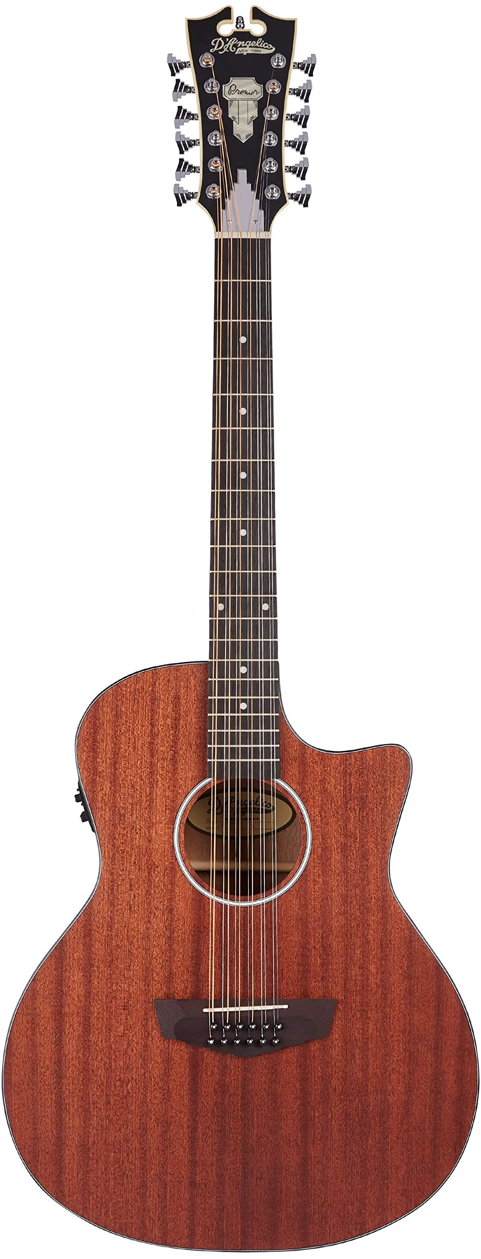 D'Angelico Electro 12 String Acoustic-Electric Guitar, Natural Mahogany Body, Right-Handed