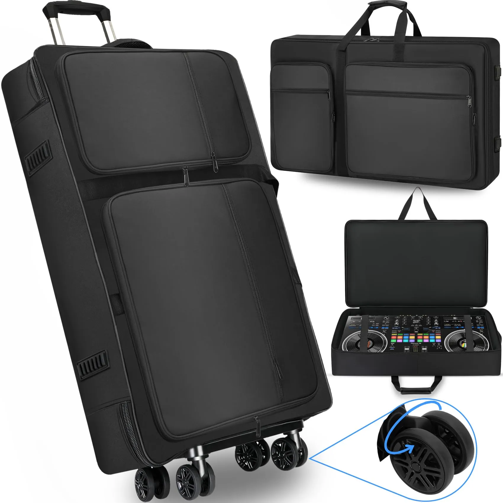 DJ Controller Case with Wheels for DDJ 1000/1000SRT/FLX10/RX2/RX3/REV7, Padded Multi-pocket Gig Bag