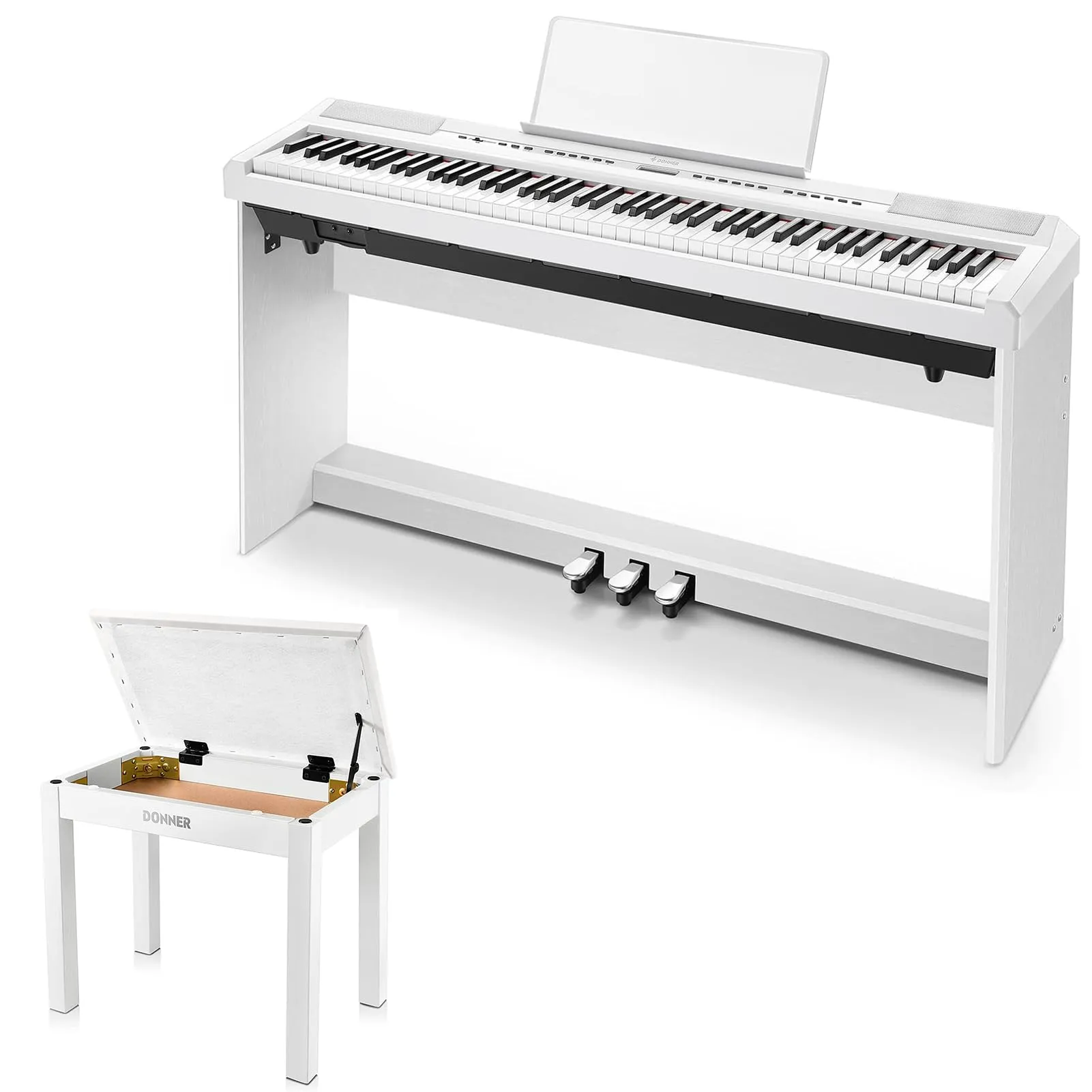 Donner DEP-20 White Digital Piano with Full-Weighted Keys and Matching Piano Bench