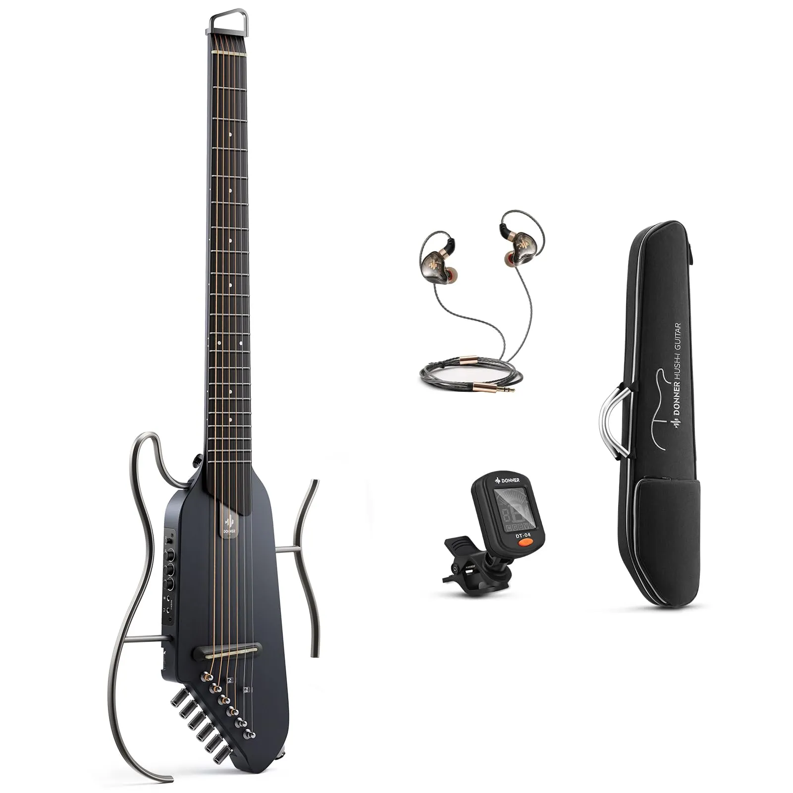 Donner HUSH-I Travel Guitar - Ultra-Light Headless Acoustic-Electric Guitar with Accessories