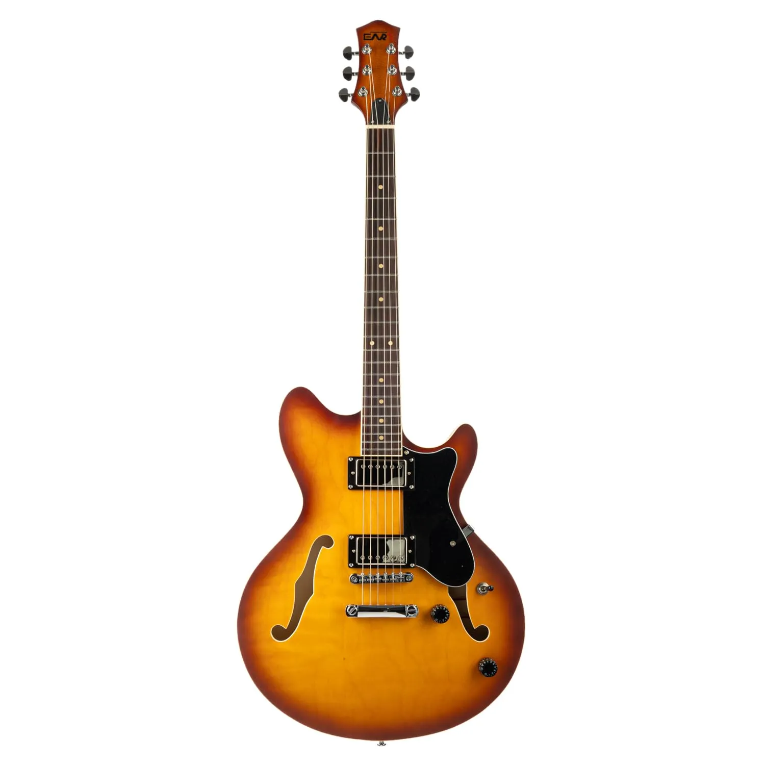 EART E-325 6 String Semi-Hollow Electric Guitar, Tobacco Sunburst, Roasted Mahogany Neck