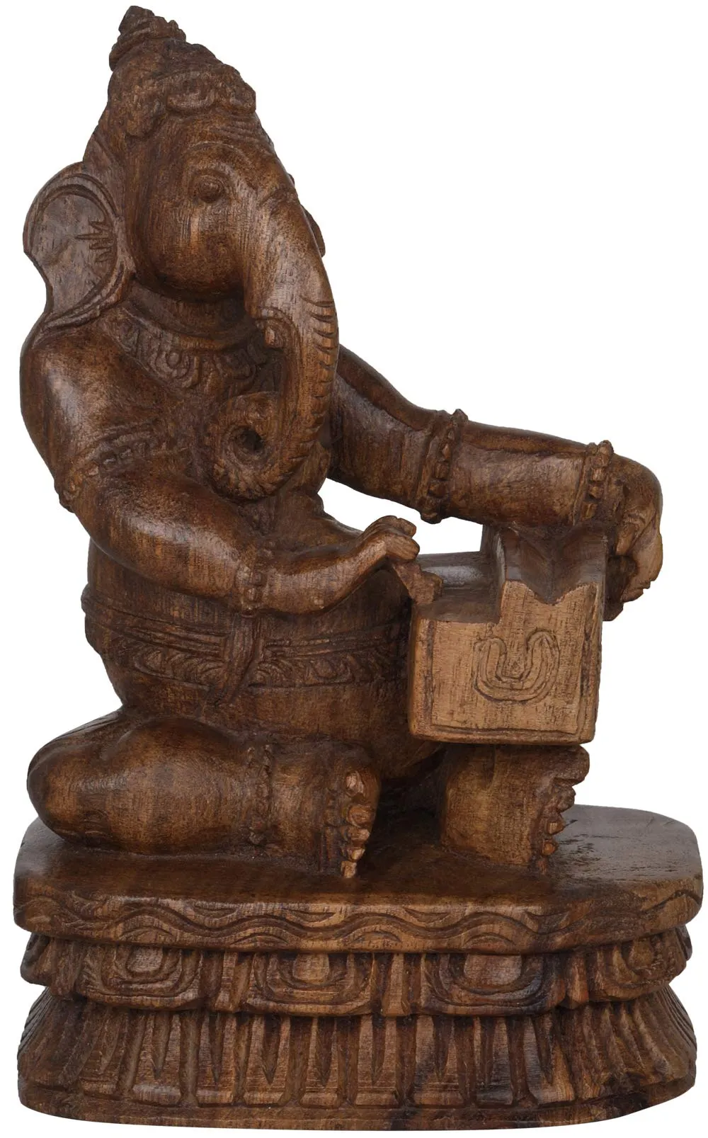 Exotic India Ganesha Playing Harmonium, Brown South Indian Temple Wood Carving Statue