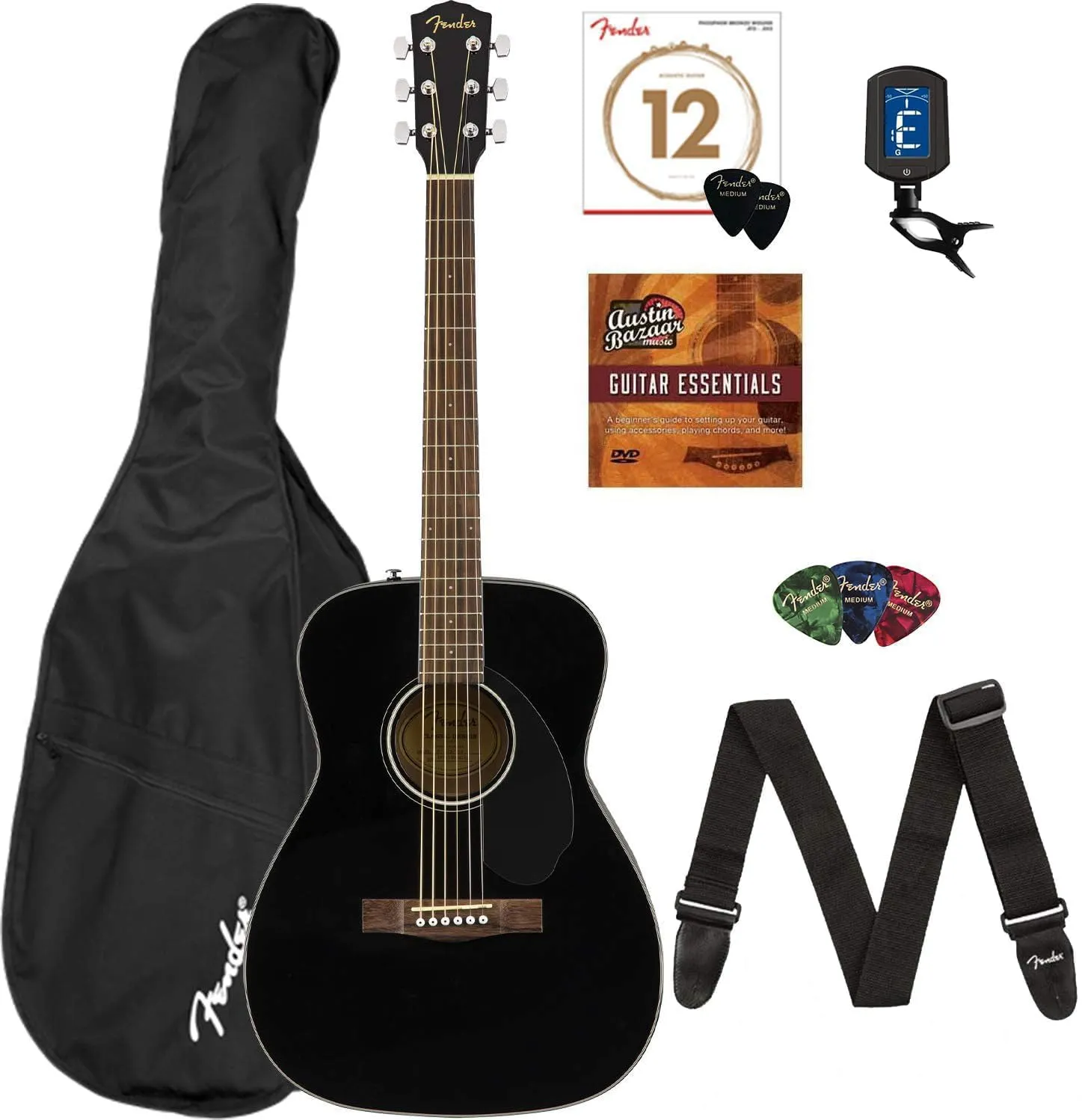 Fender CC-60S Concert Acoustic Guitar Black Bundle with Gig Bag, Tuner, Strap, Picks