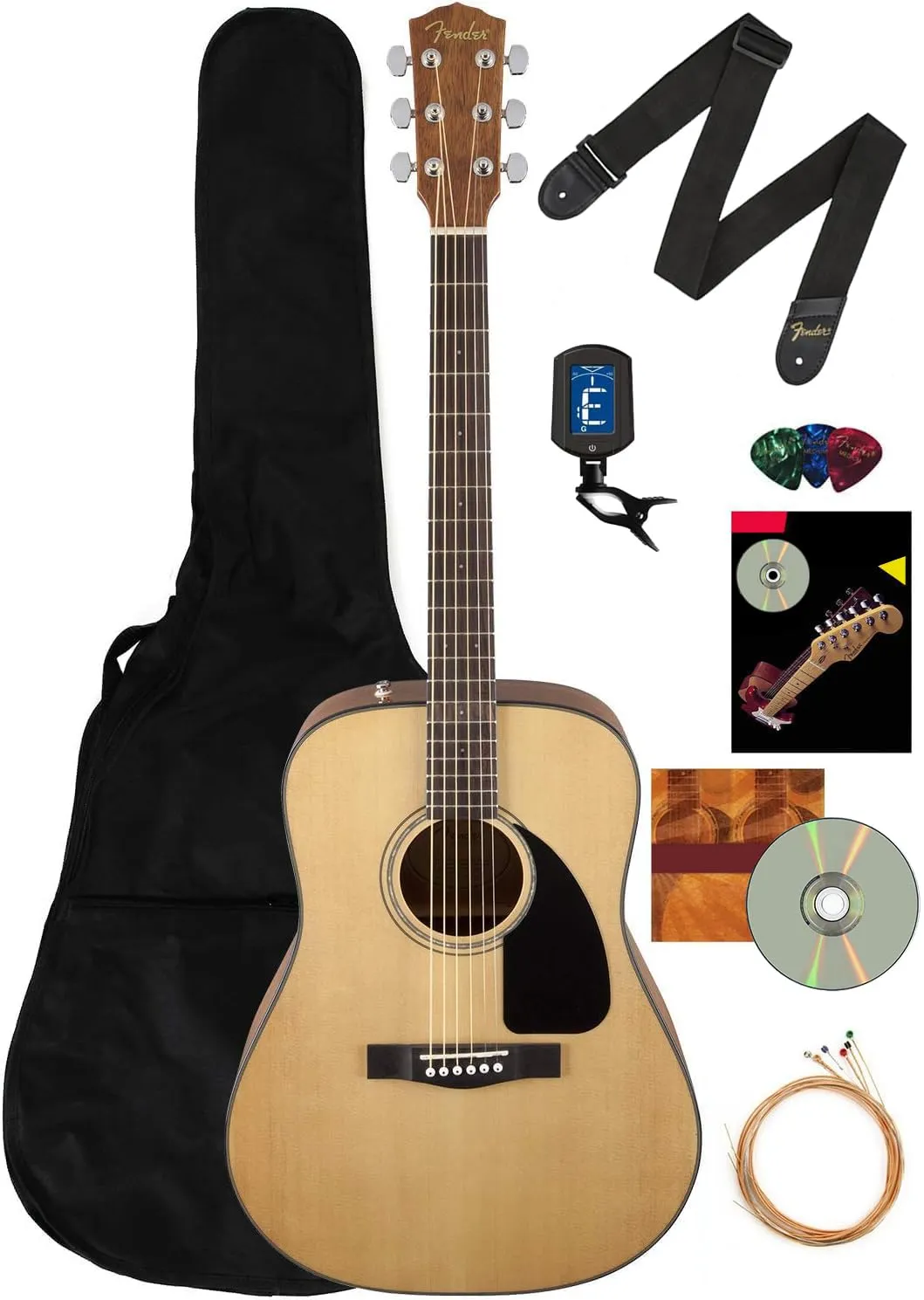 Fender CD-60 Dreadnought Acoustic Guitar Bundle with Gig Bag, Tuner, Strings, Picks & DVD