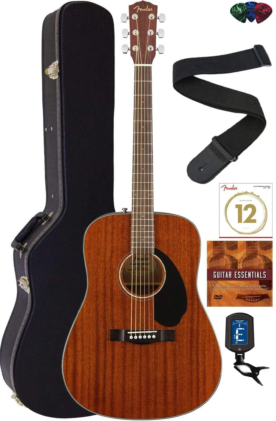 Fender CD-60S All Mahogany Dreadnought Acoustic Guitar Bundle with Hard Case, Strap & DVD