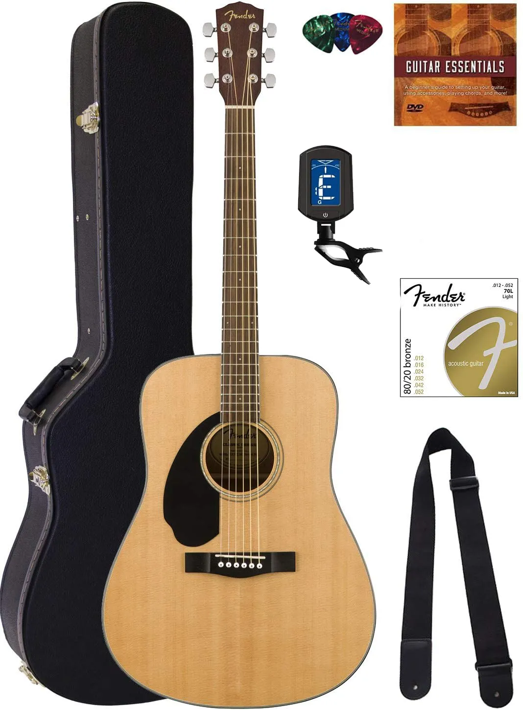 Fender CD-60S Left Handed Dreadnought Acoustic Guitar Bundle with Hard Case, Tuner & DVD