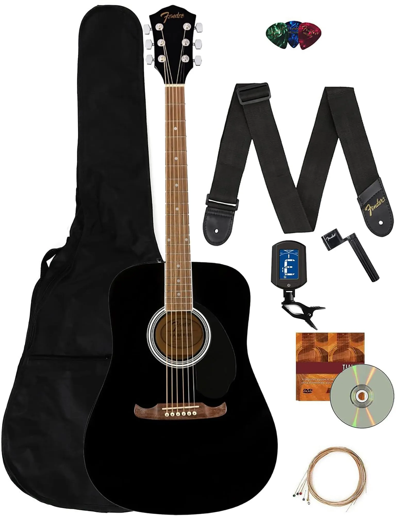 Fender Dreadnought Acoustic Guitar Black Bundle with Gig Bag, Strap, Strings, and Lessons