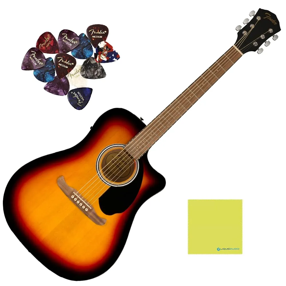 Fender Dreadnought Acoustic Guitar FA-125CE Sunburst Bundle with 12 Picks & Polishing Cloth