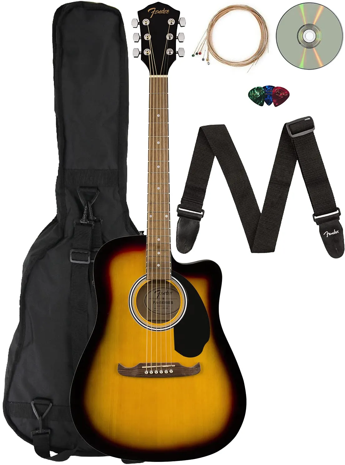 Fender FA-125CE Dreadnought Cutaway Acoustic-Electric Guitar Sunburst Bundle with Gig Bag & Lessons