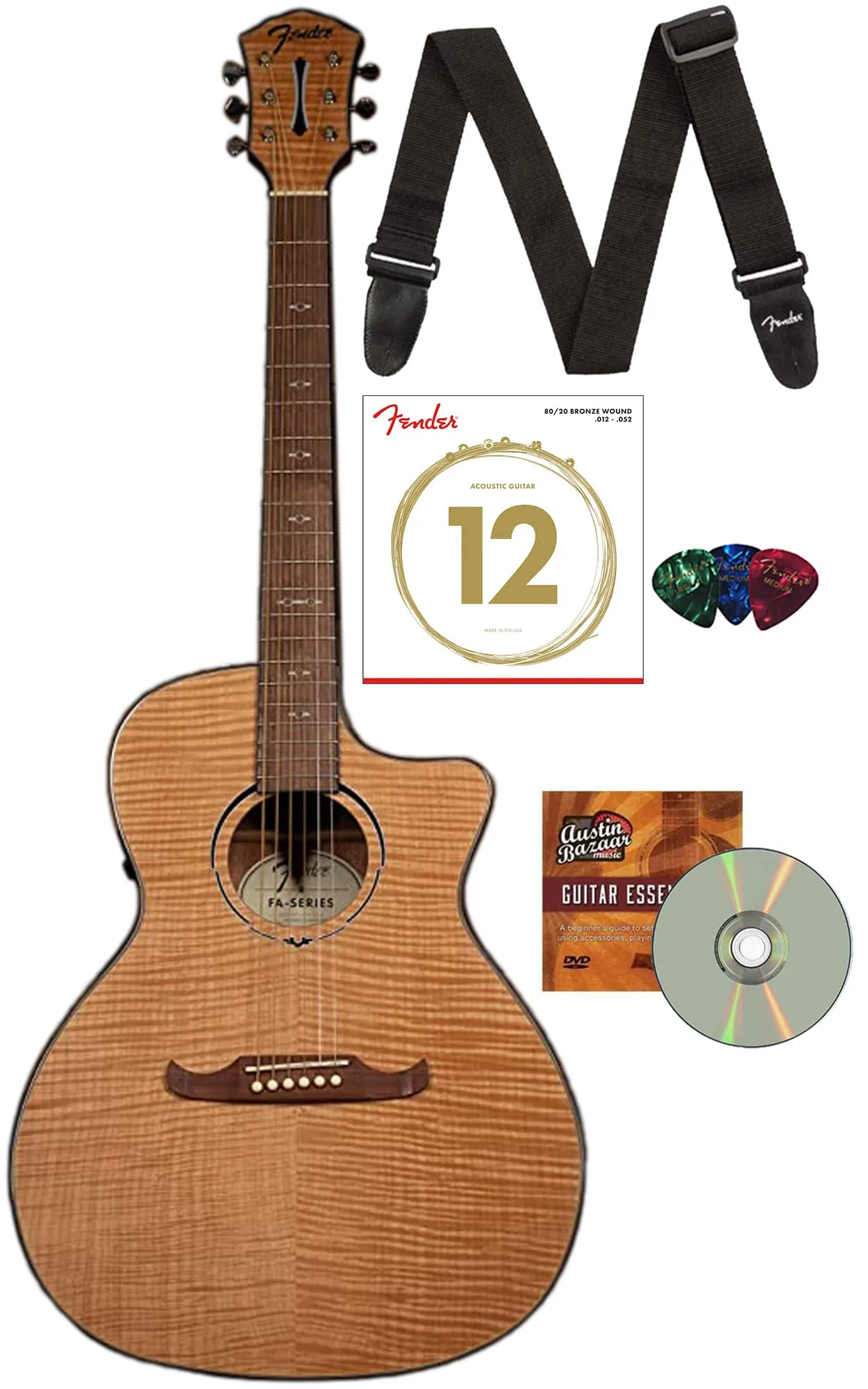 Fender FA-345CE Acoustic-Electric Guitar Bundle with Flame Maple Top, Strings, Strap & DVD