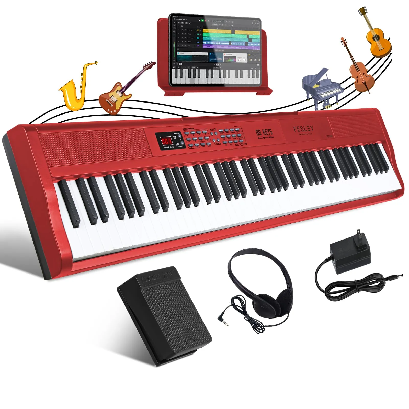 Fesley 88-Key Portable Digital Piano with Bluetooth, Sustain Pedal, Music Stand, Red