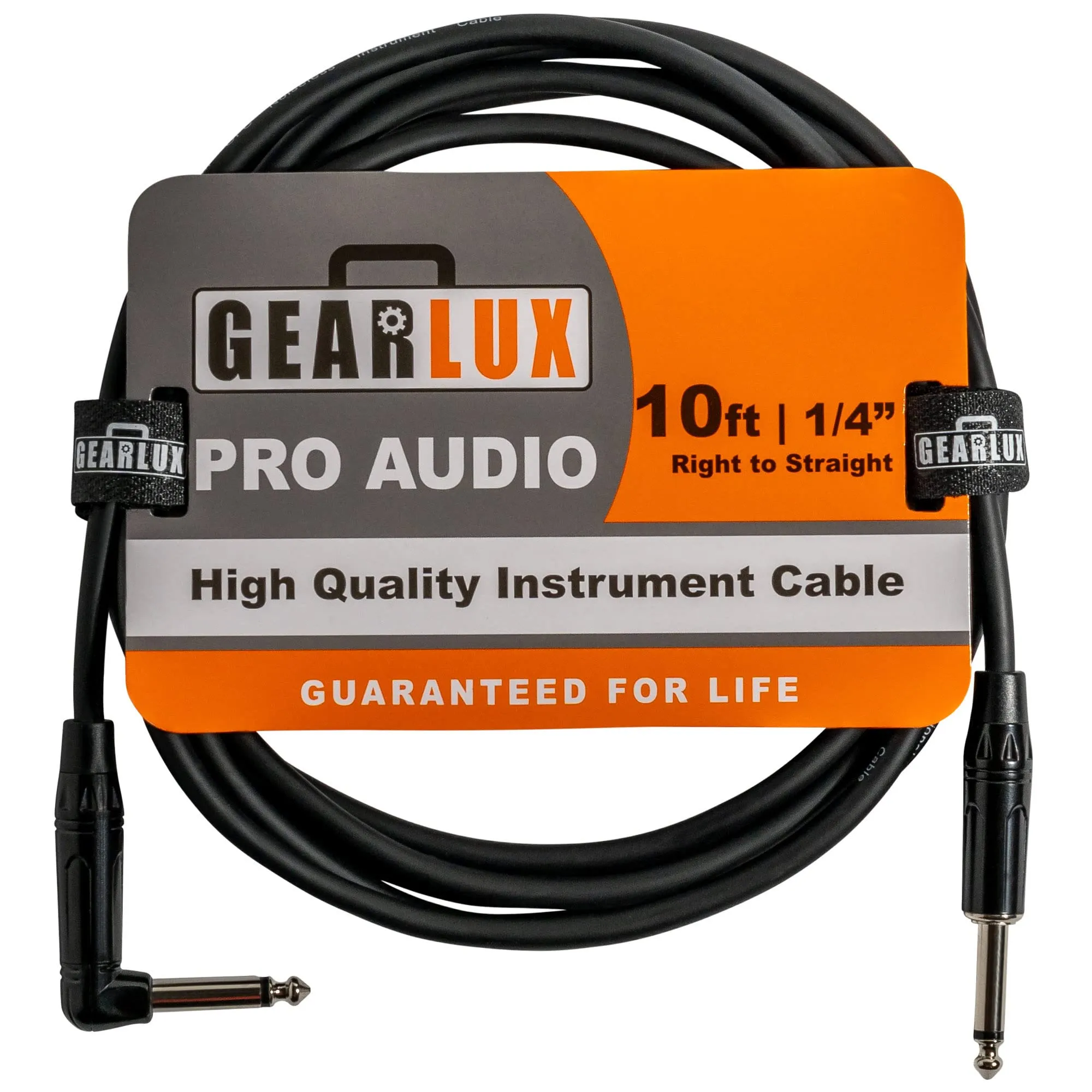 Gearlux 10-Foot Instrument Cable, 1/4-inch Right to Straight, Durable Black PVC, Lifetime Guarantee