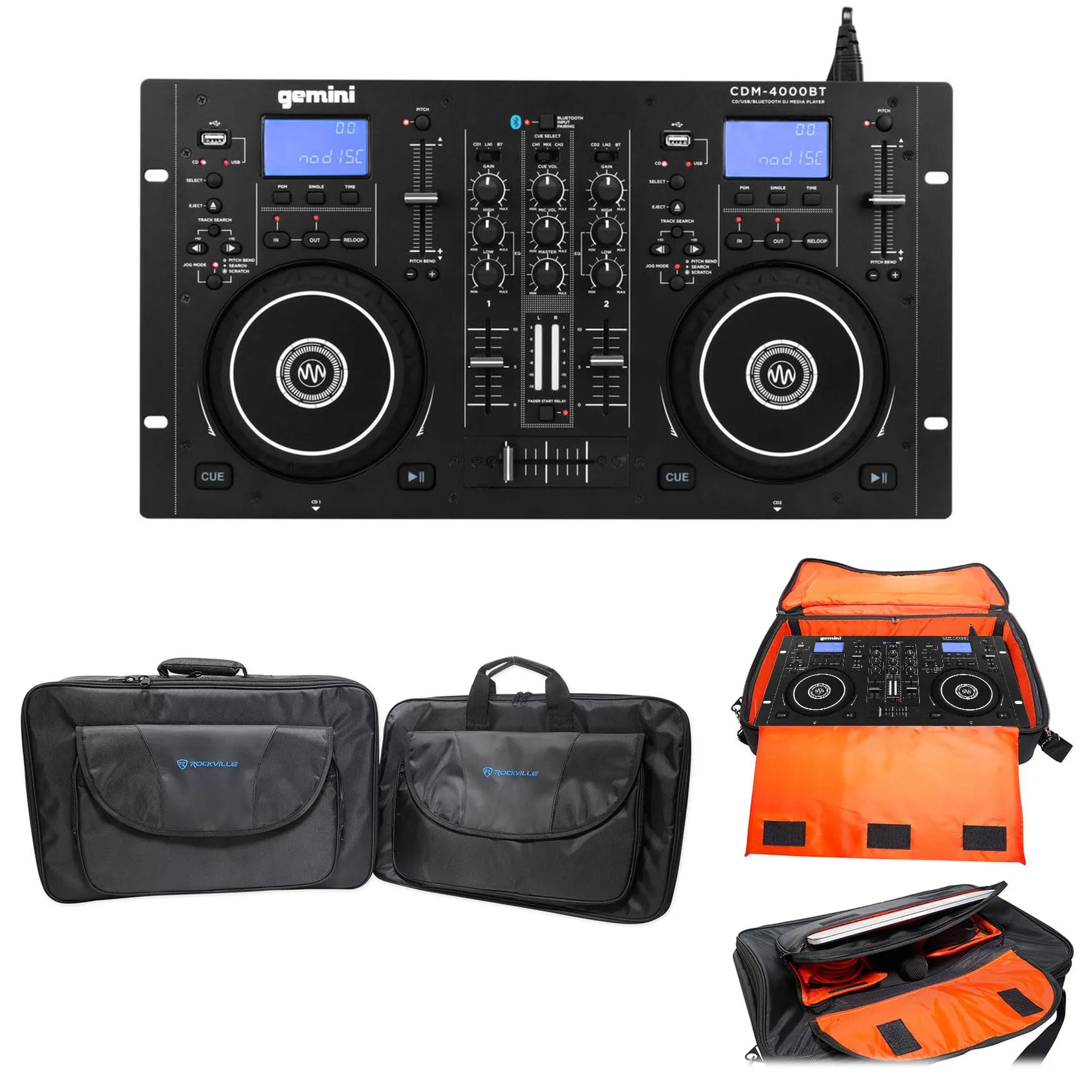 Gemini CDM-4000BT Dual DJ Media Player Bundle with Bluetooth, Mixer & Rockville Carry Case