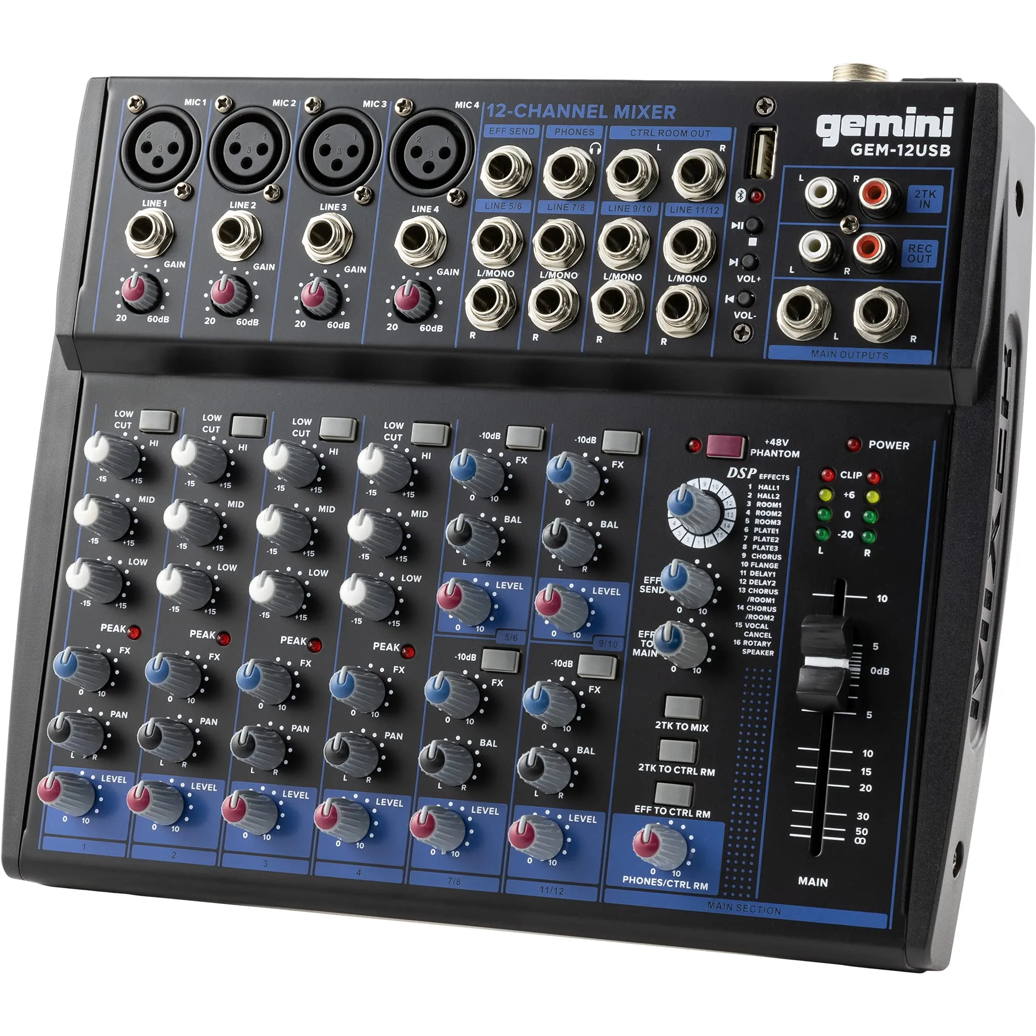 Gemini Sound GEM-12USB 12-Channel Bluetooth Audio Mixer with Multi-FX, USB Playback, Compact Design