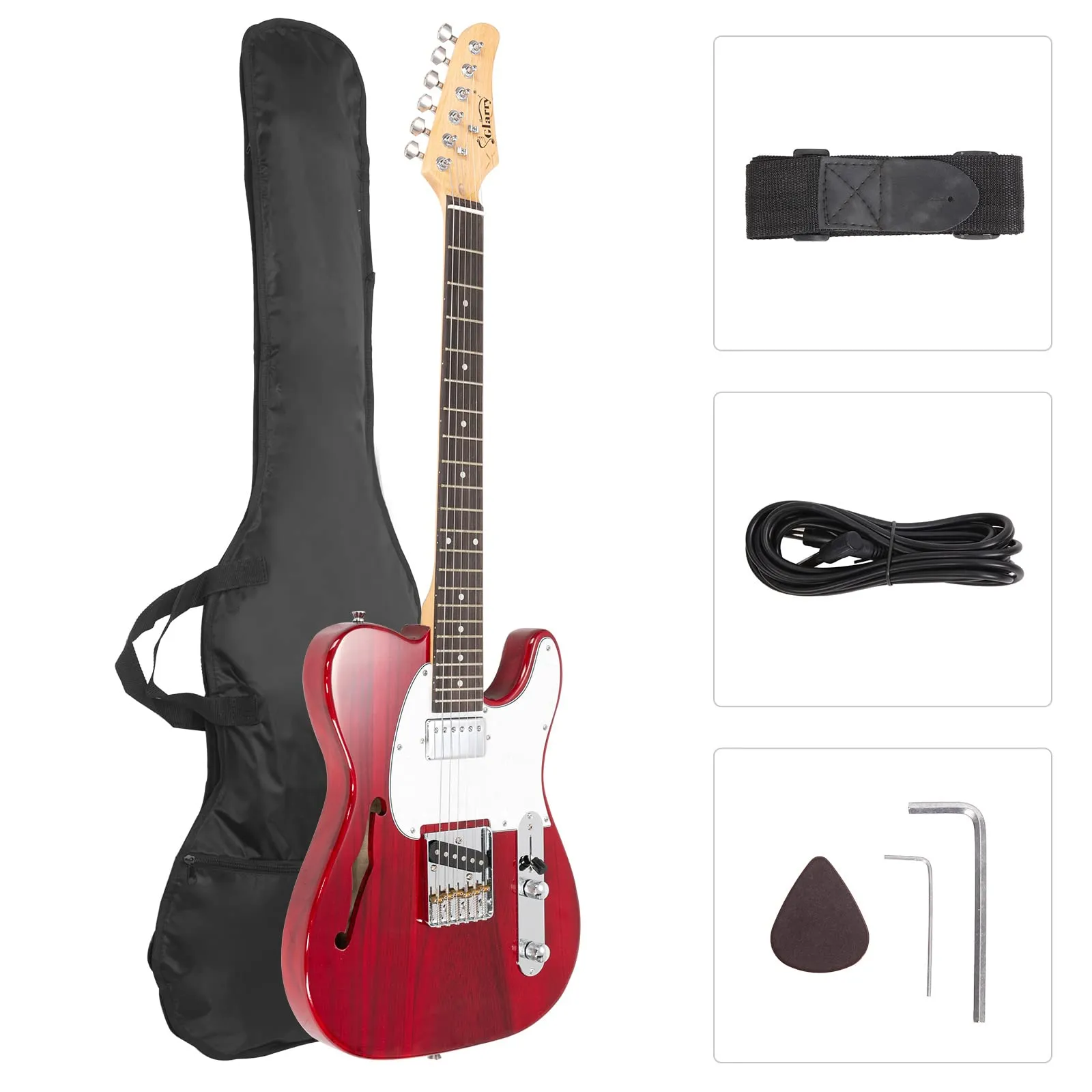 GLARRY 39' GTL Semi-Hollow Electric Guitar, HS Pickups, Rosewood Fingerboard, Transparent Wine Red